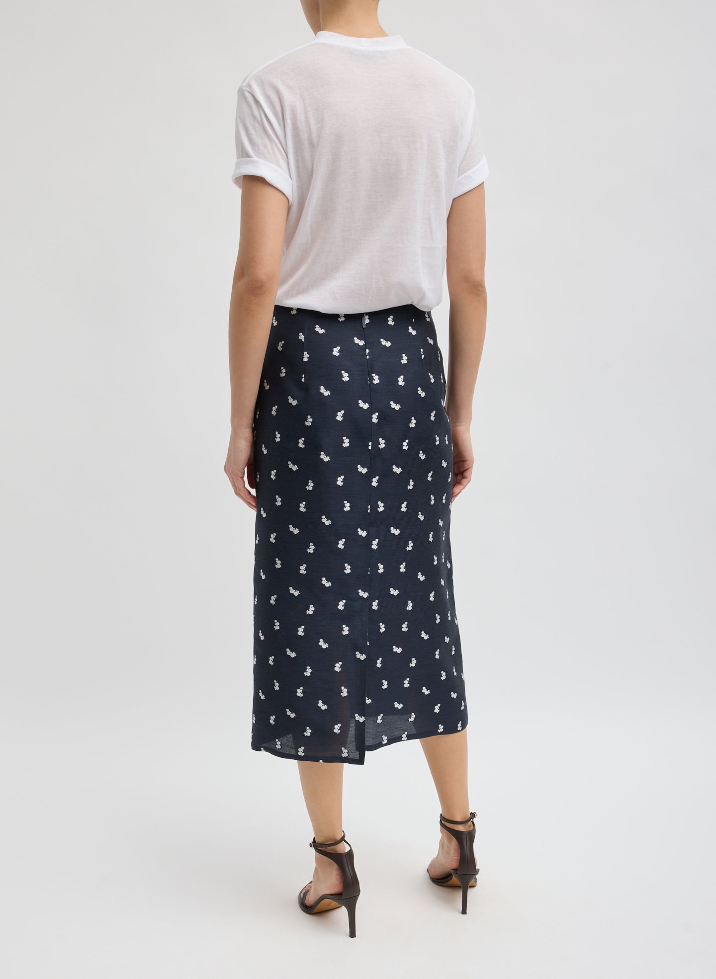 Navy Silk Gazar Jacquard Pencil Skirt - printed midi skirt, back view on model