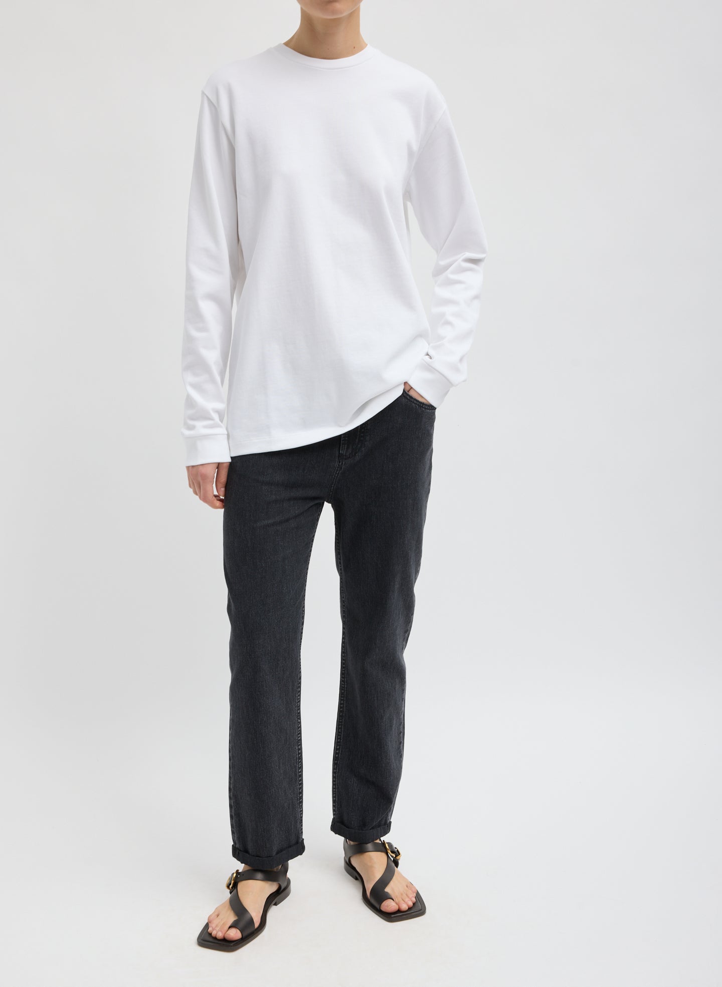 White Perfect Unisex Long Sleeve T-Shirt - full look, front view on model