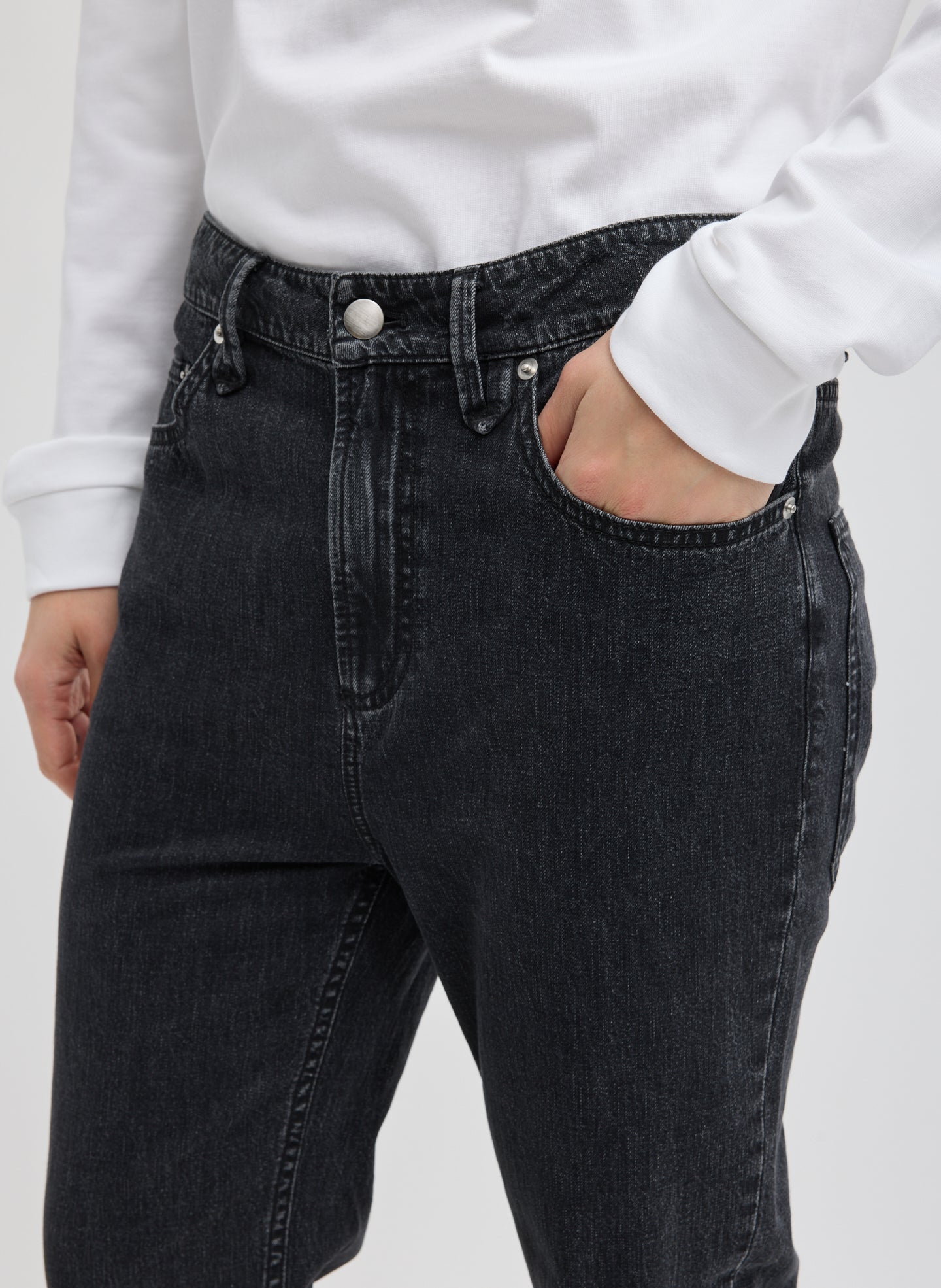 Black Mou Denim Clift Jean - closeup of front pocket detail