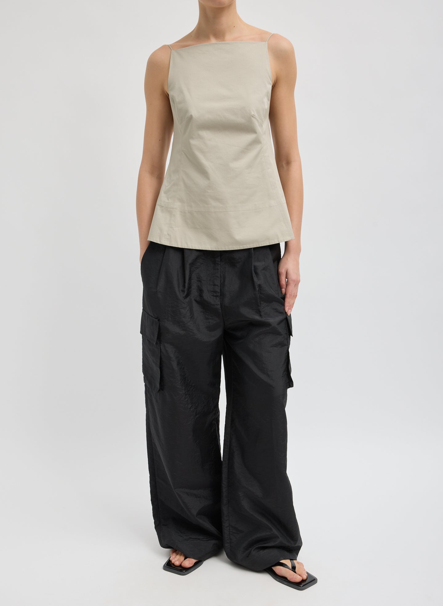 Black Stella Crispy Nylon Pleated Cargo Pant - front view on model