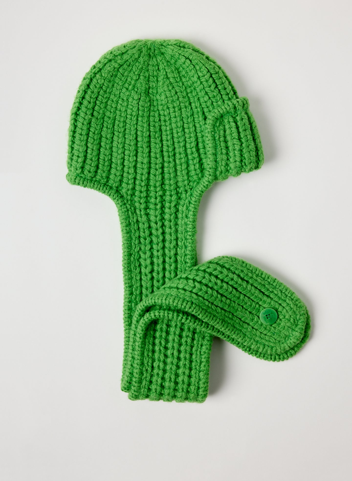 Cozy Trapper Scarf Hat - Green Cozy Trapper Scarf Hat - knit hat scarf, flat lay