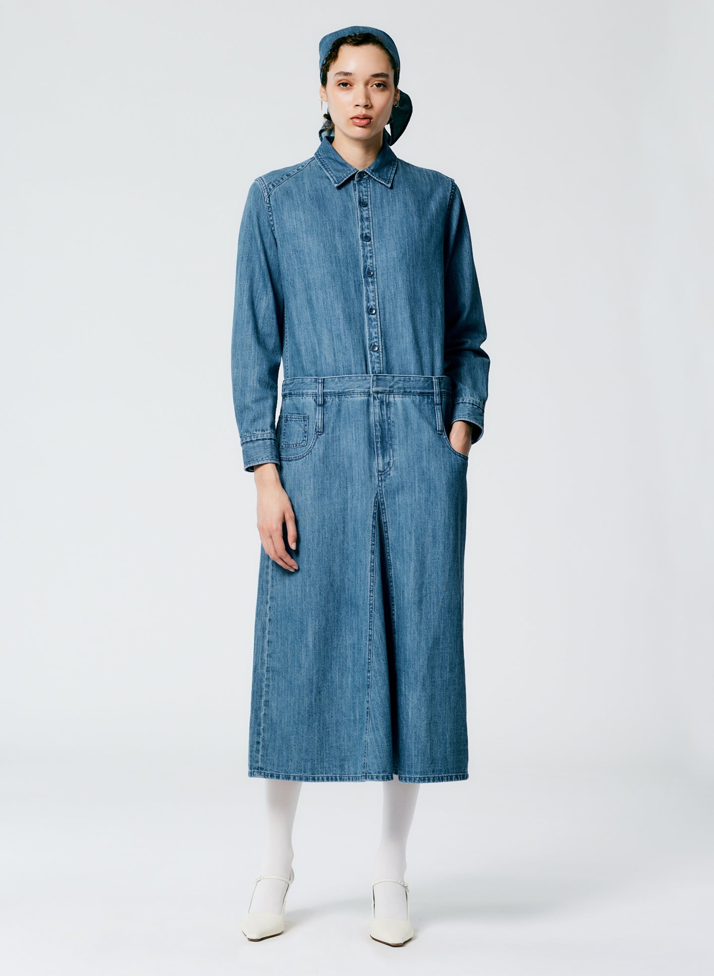 Lightweight Stone Washed Denim Shirtdress - Denim Blue-1