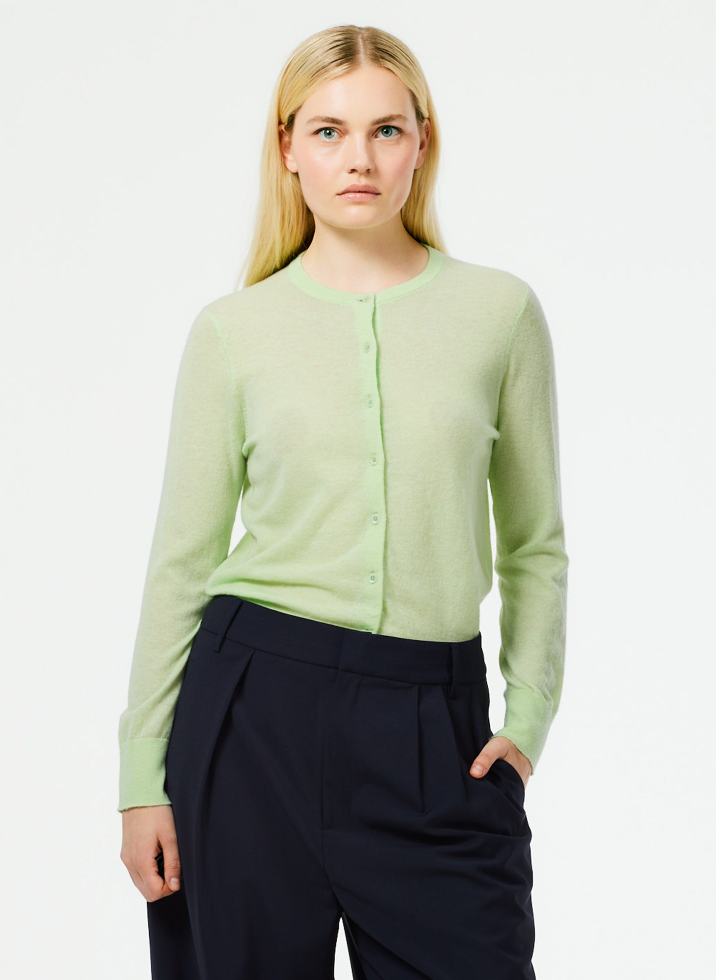 Skinlike Mercerized Wool Shrunken Cardigan - Pale Lime-1