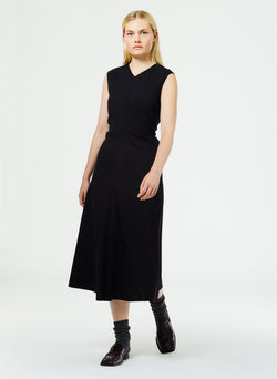 Compact Ultra Stretch Knit V-Neck Godet Dress Black-3
