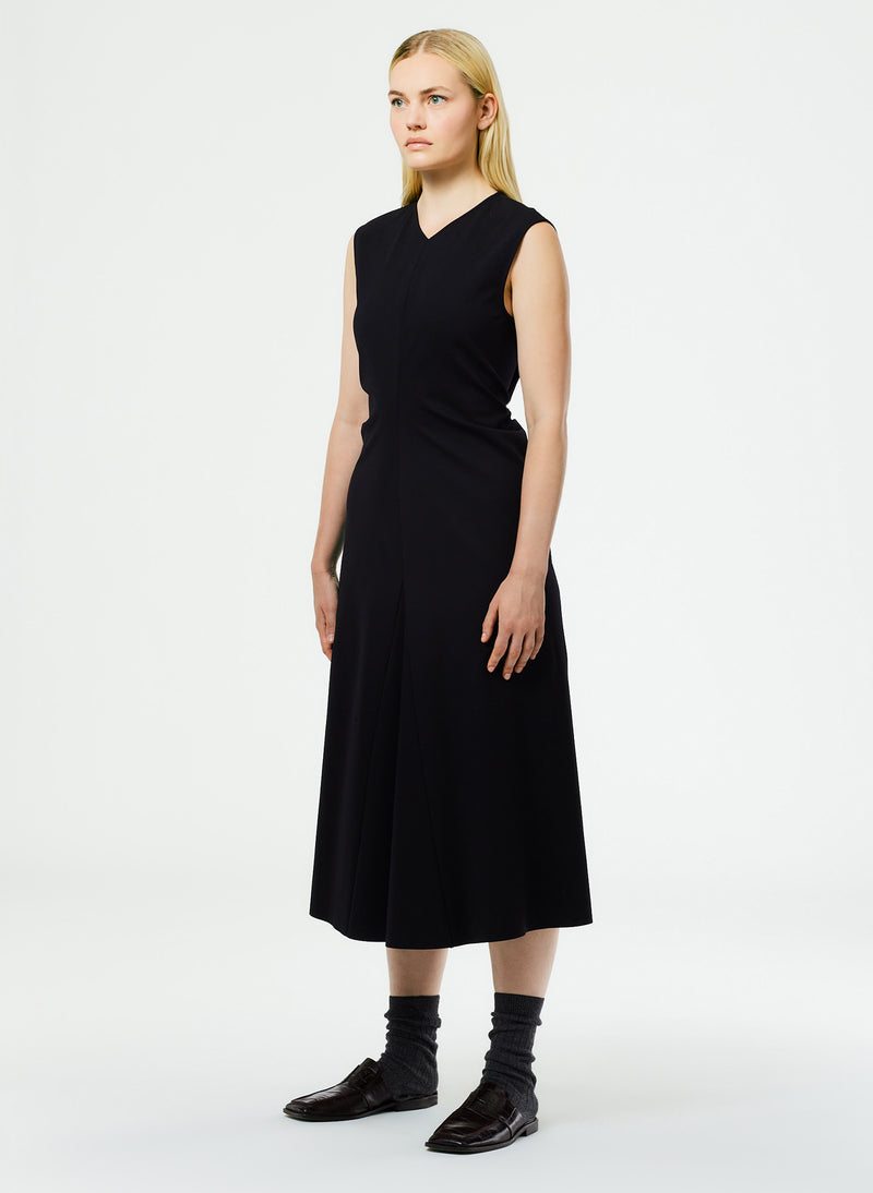 Compact Ultra Stretch Knit V-Neck Godet Dress Black-4
