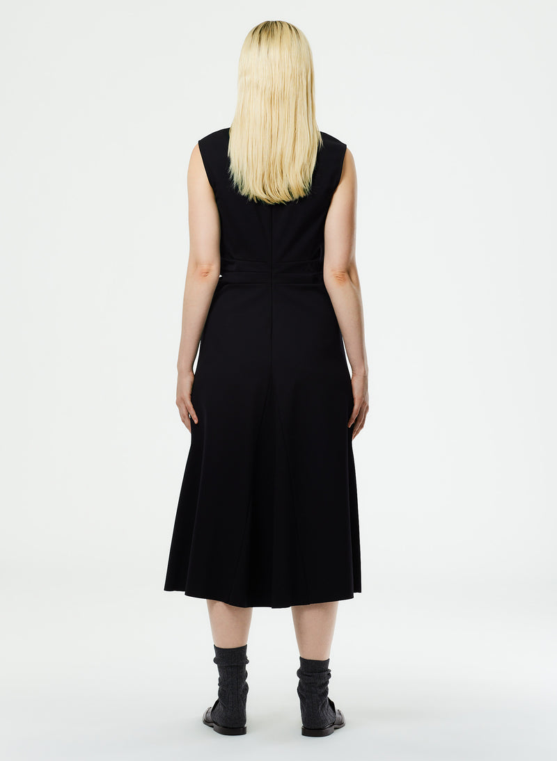 Compact Ultra Stretch Knit V-Neck Godet Dress Black-5