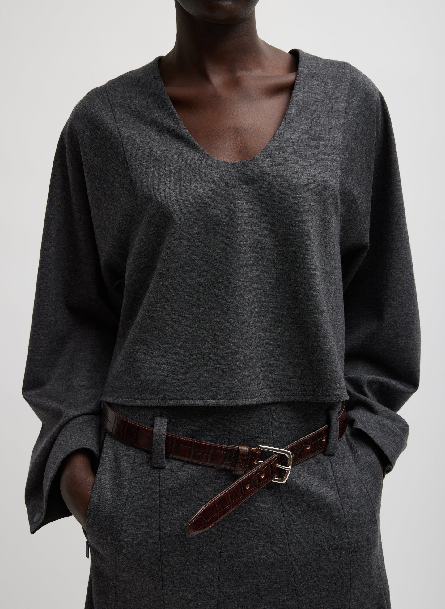 Melange Jersey U-Neck Top - Dark Heather Grey-1