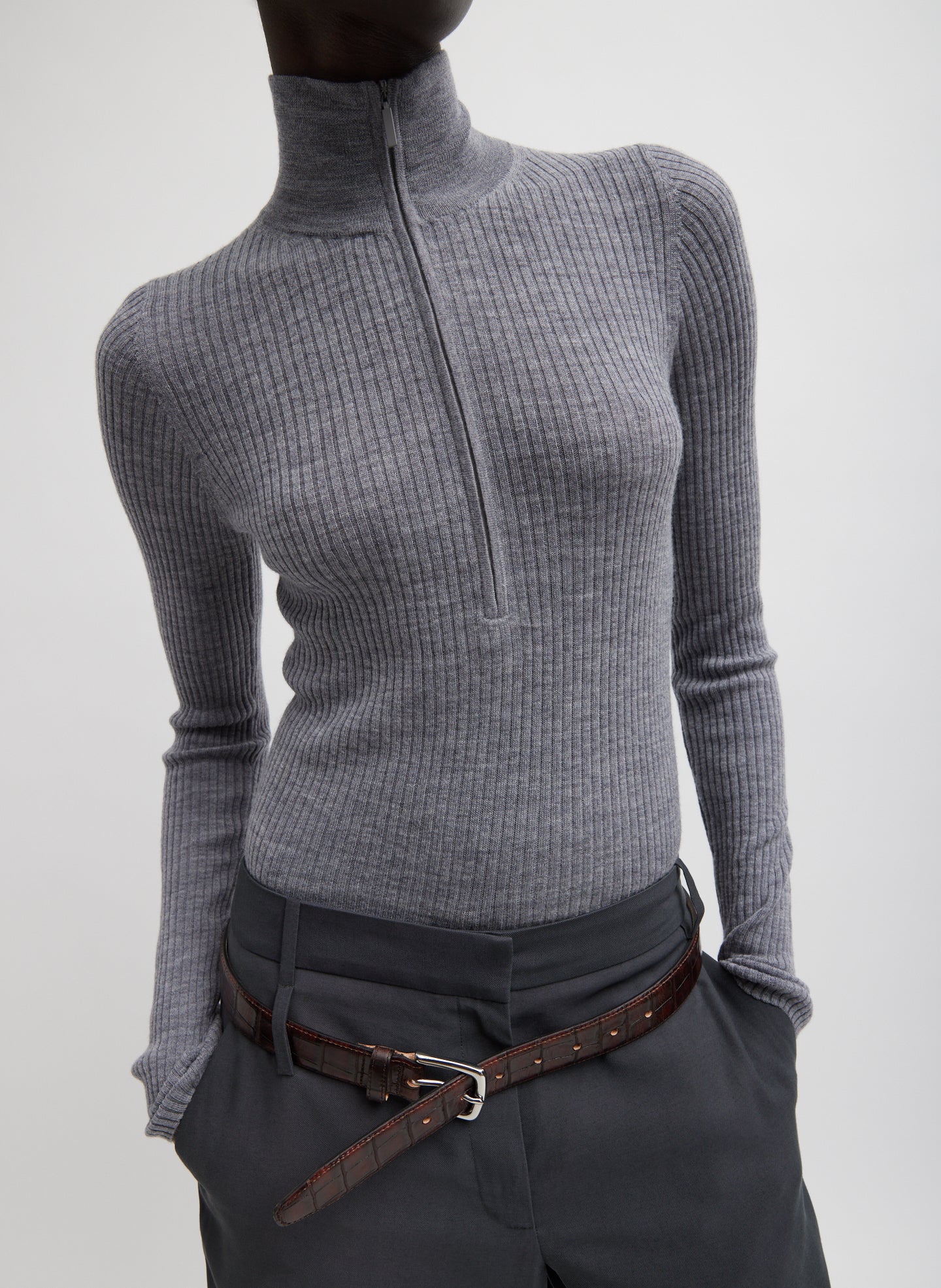 Feather Weight Ribbed Turtleneck Zip Up Sweater - Grey-1