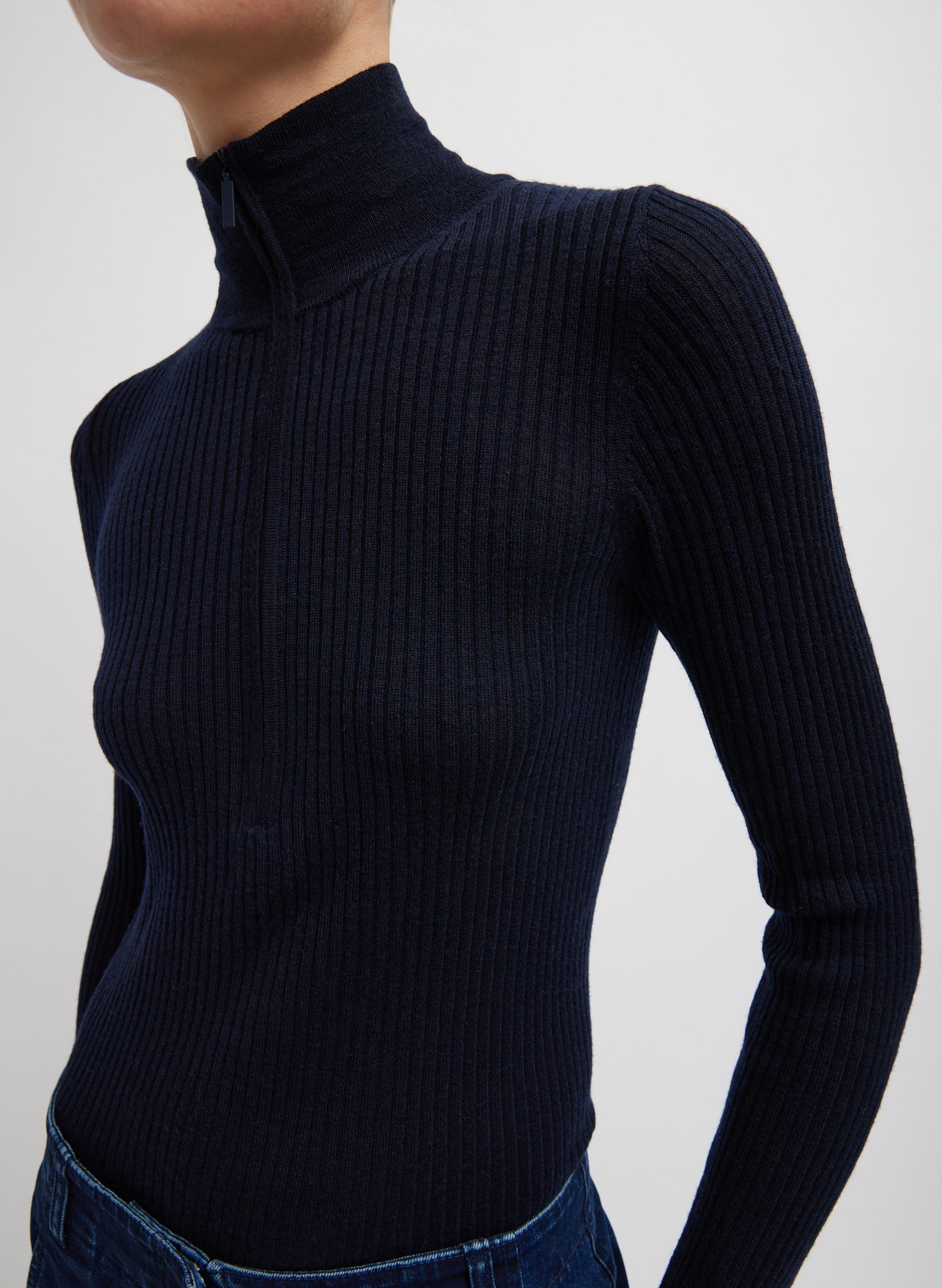 Feather Weight Ribbed Turtleneck Zip Up Sweater - Navy-1