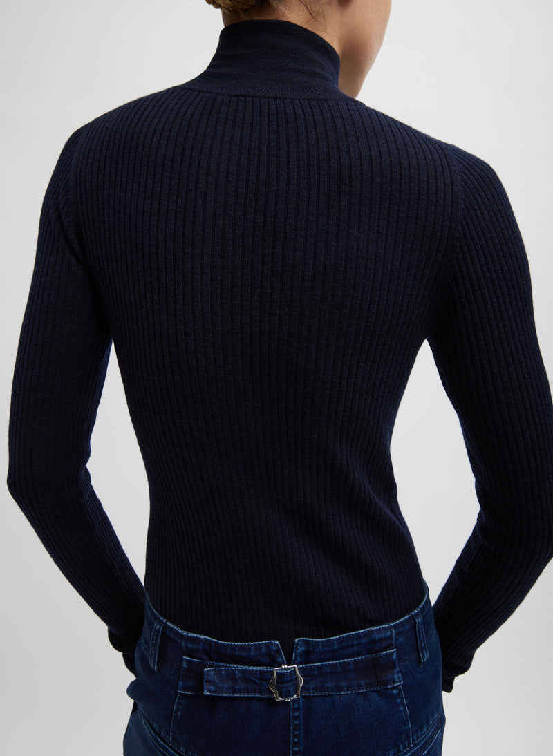 Feather Weight Ribbed Turtleneck Zip Up Sweater Navy-2