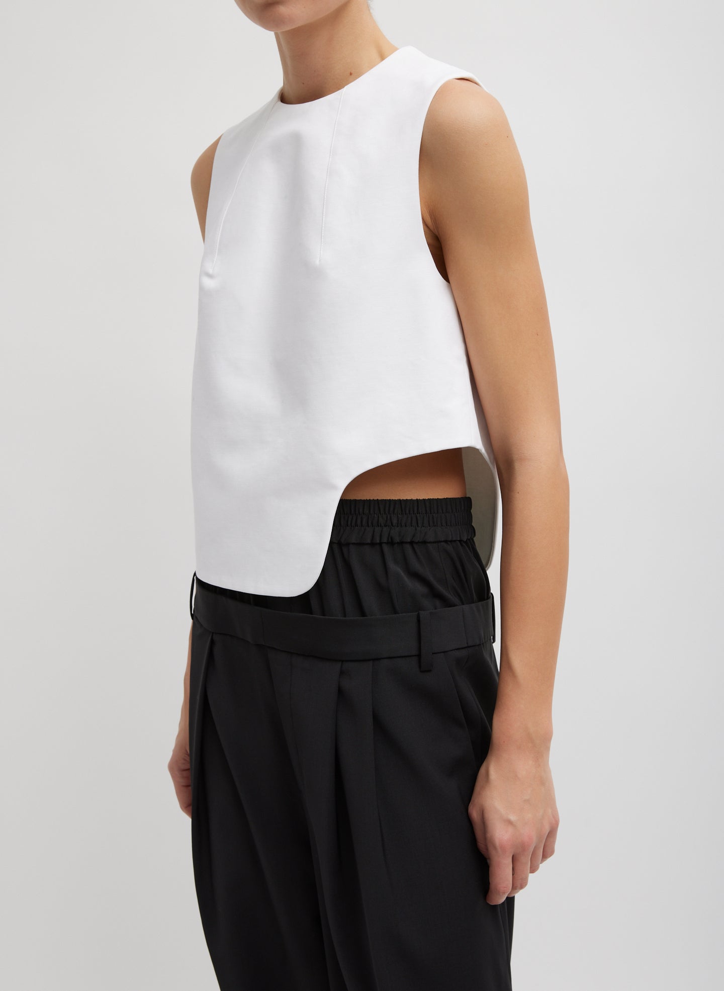 Sculpted Cotton Curved Hem Sleeveless Top - White-1