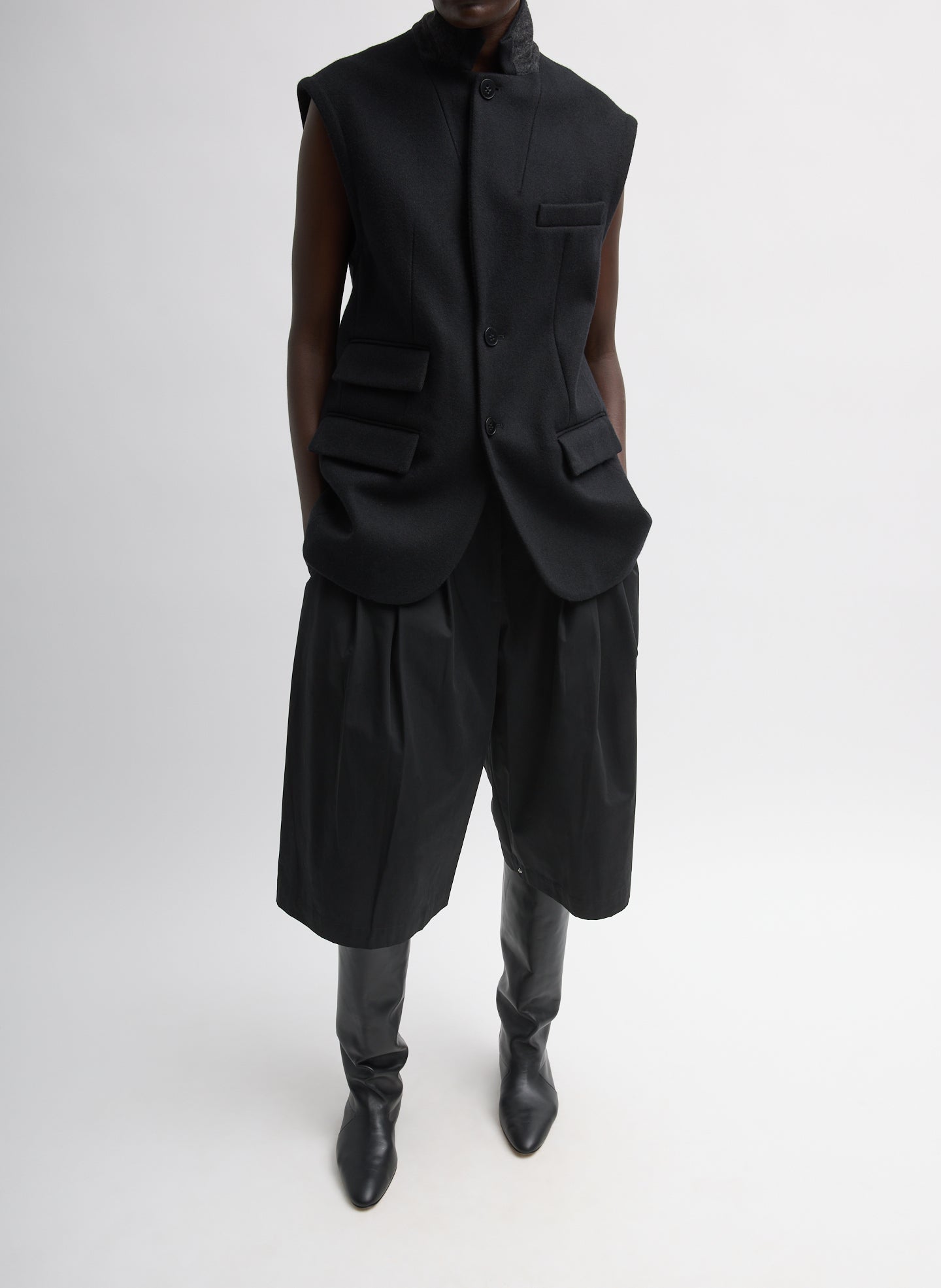 Black Bio Twill Triple Pleat Short - full look, front view on model