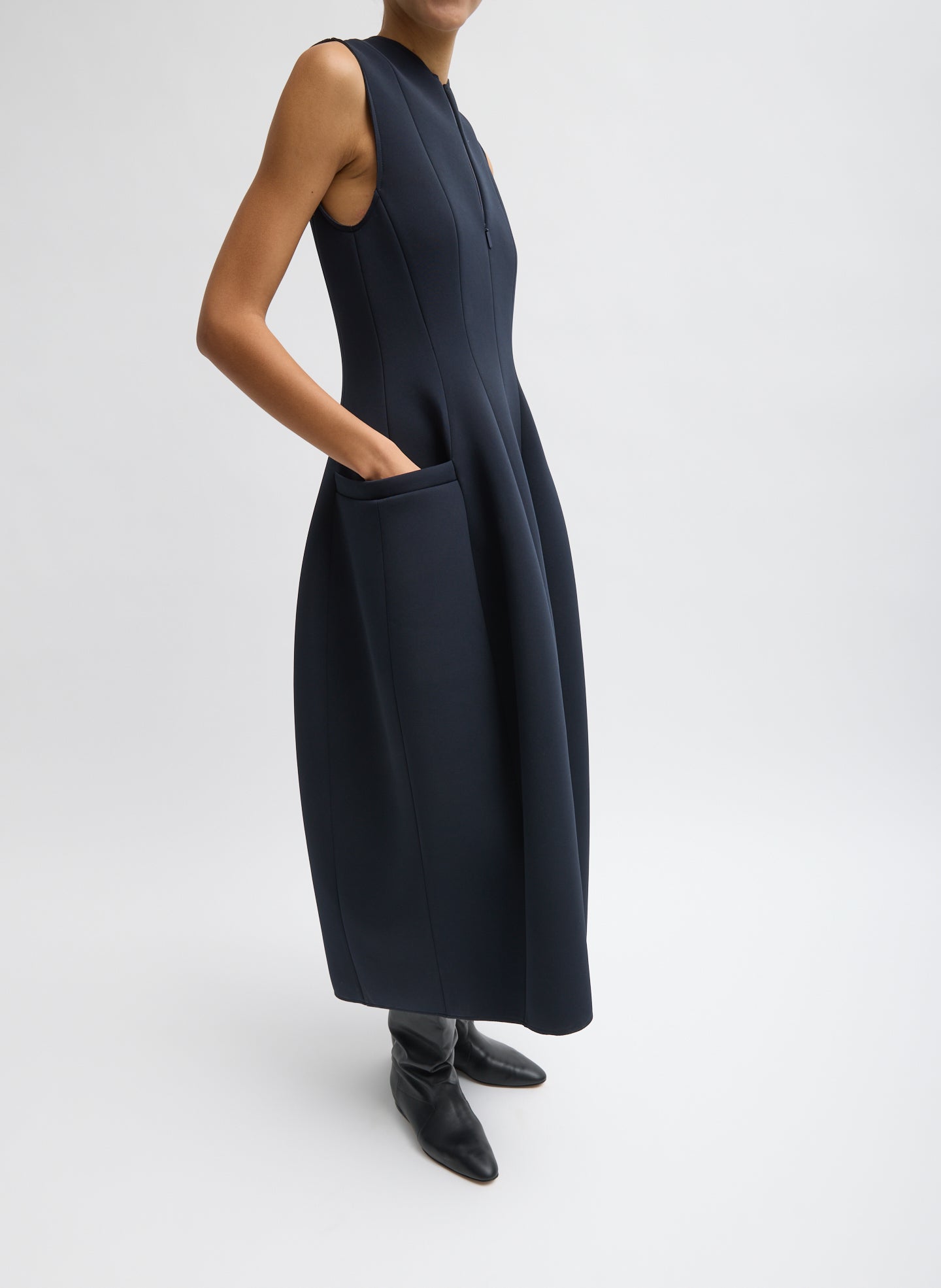 Navy Bonded Twill Sleeveless Sculpted Dress - side view on model