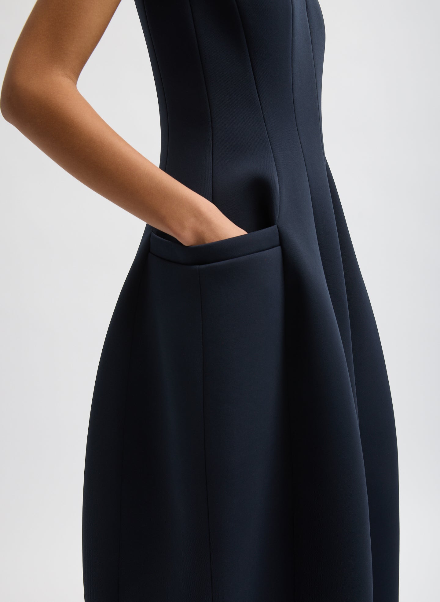 Navy Bonded Twill Sleeveless Sculpted Dress - closeup of side pocket detail