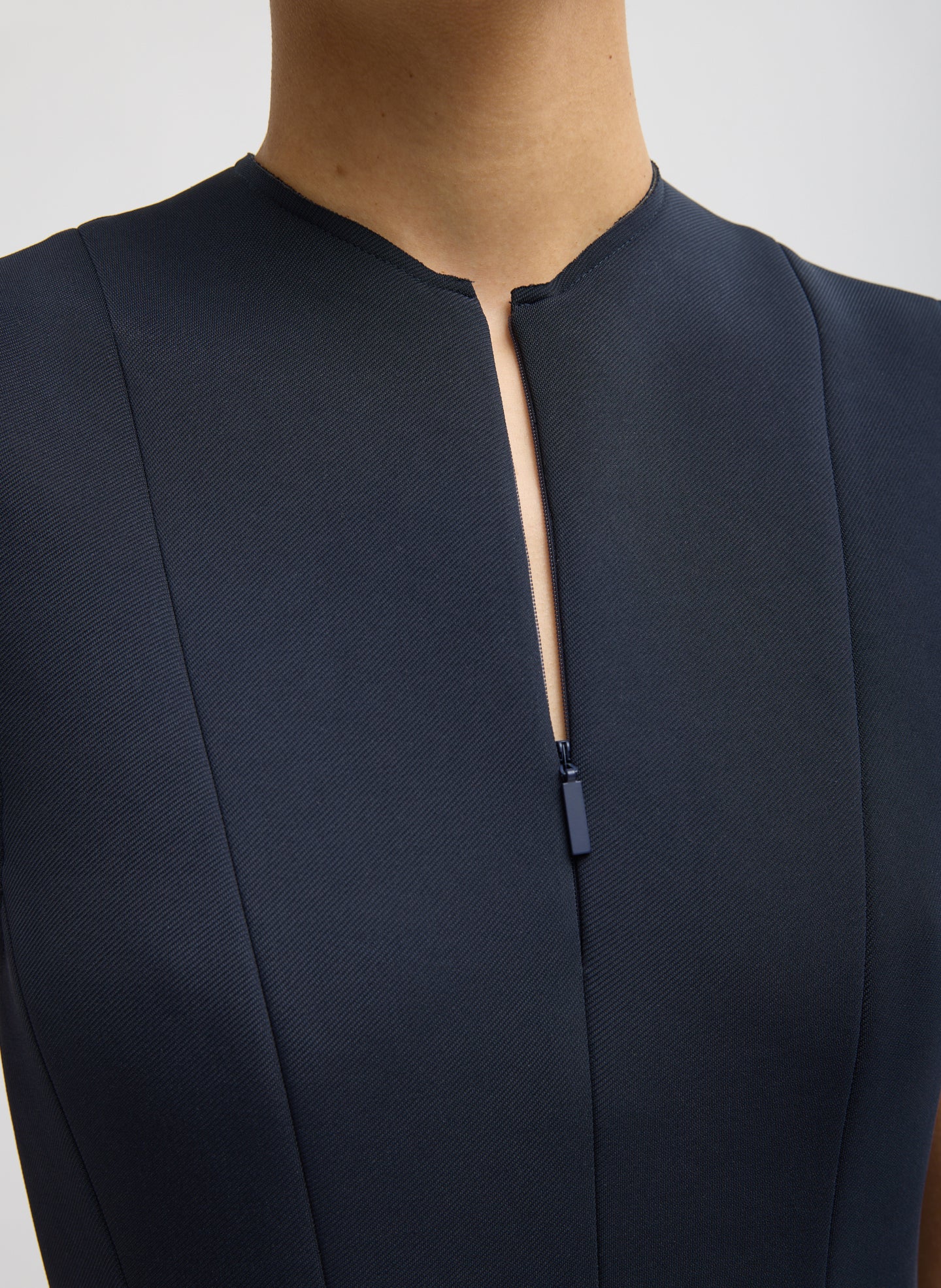 Navy Bonded Twill Sleeveless Sculpted Dress - closeup of front zipper detail