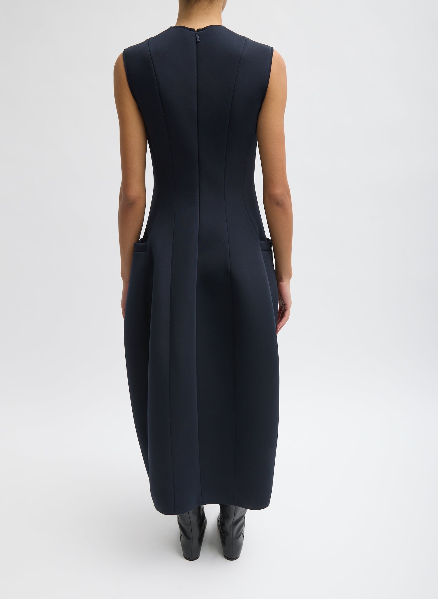 Navy Bonded Twill Sleeveless Sculpted Dress - back view on model