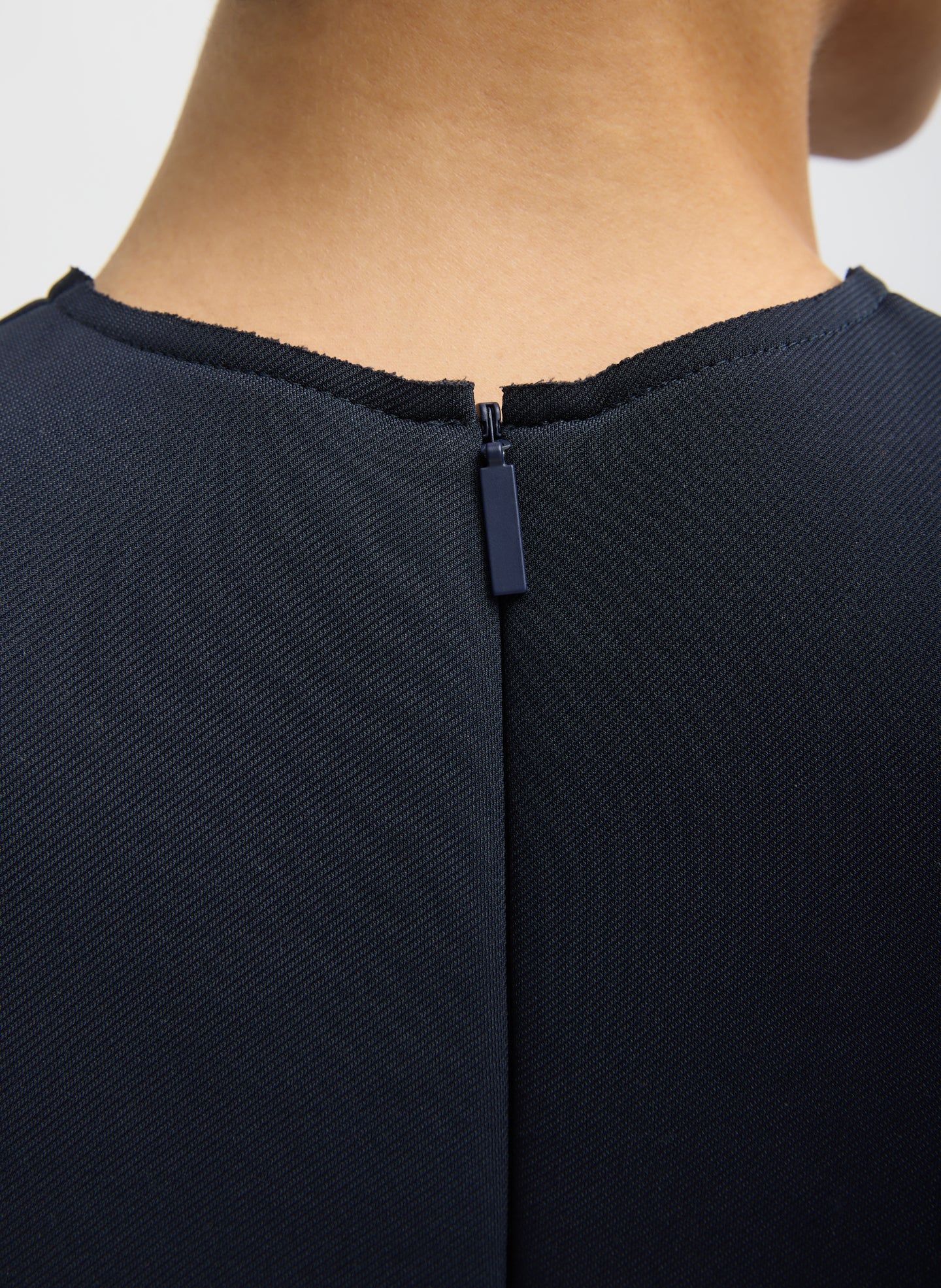 Navy Bonded Twill Sleeveless Sculpted Dress - closeup of back zipper detail