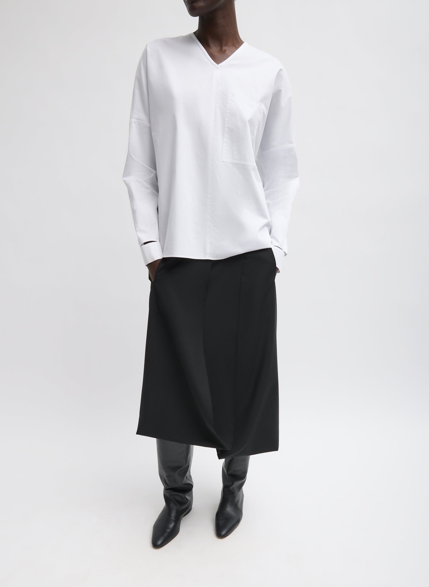 White Eco Poplin V-Neck Dolman Top - full look, front view on model