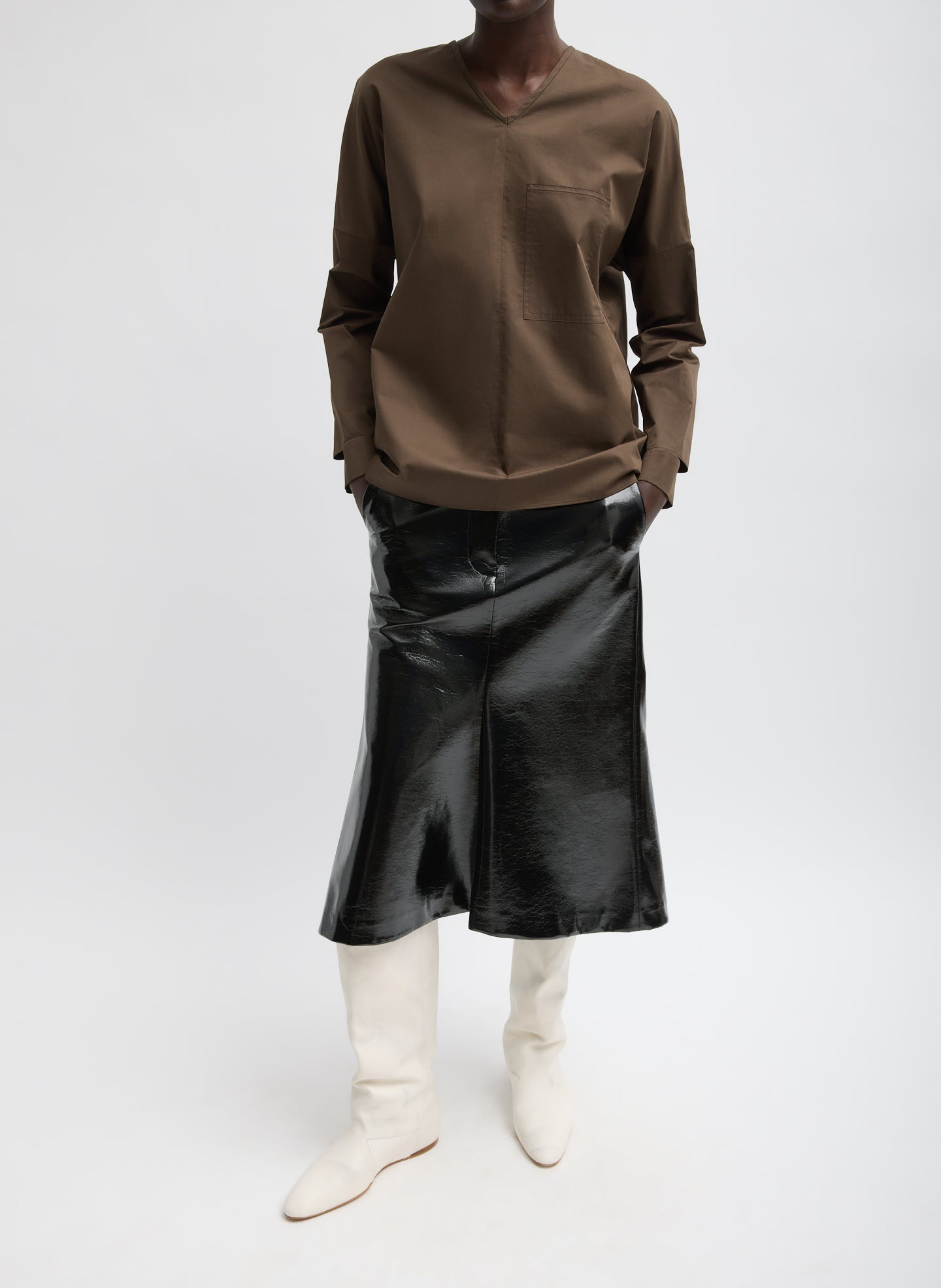 Black Faux Patent Leather Sculpted Silke Skirt - full look on model