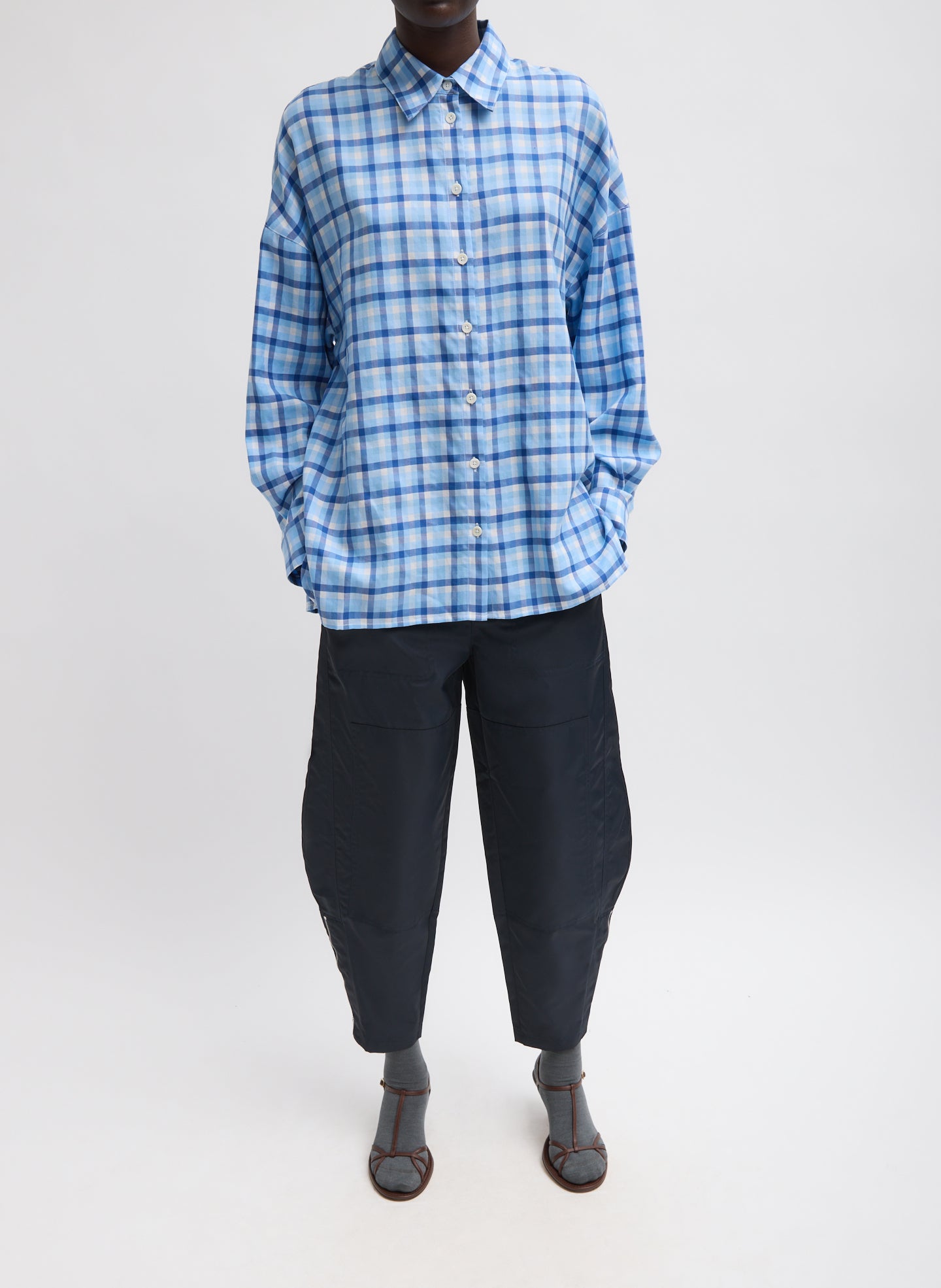 Blue Otis Check Oversized Shirt - full look, front view on model