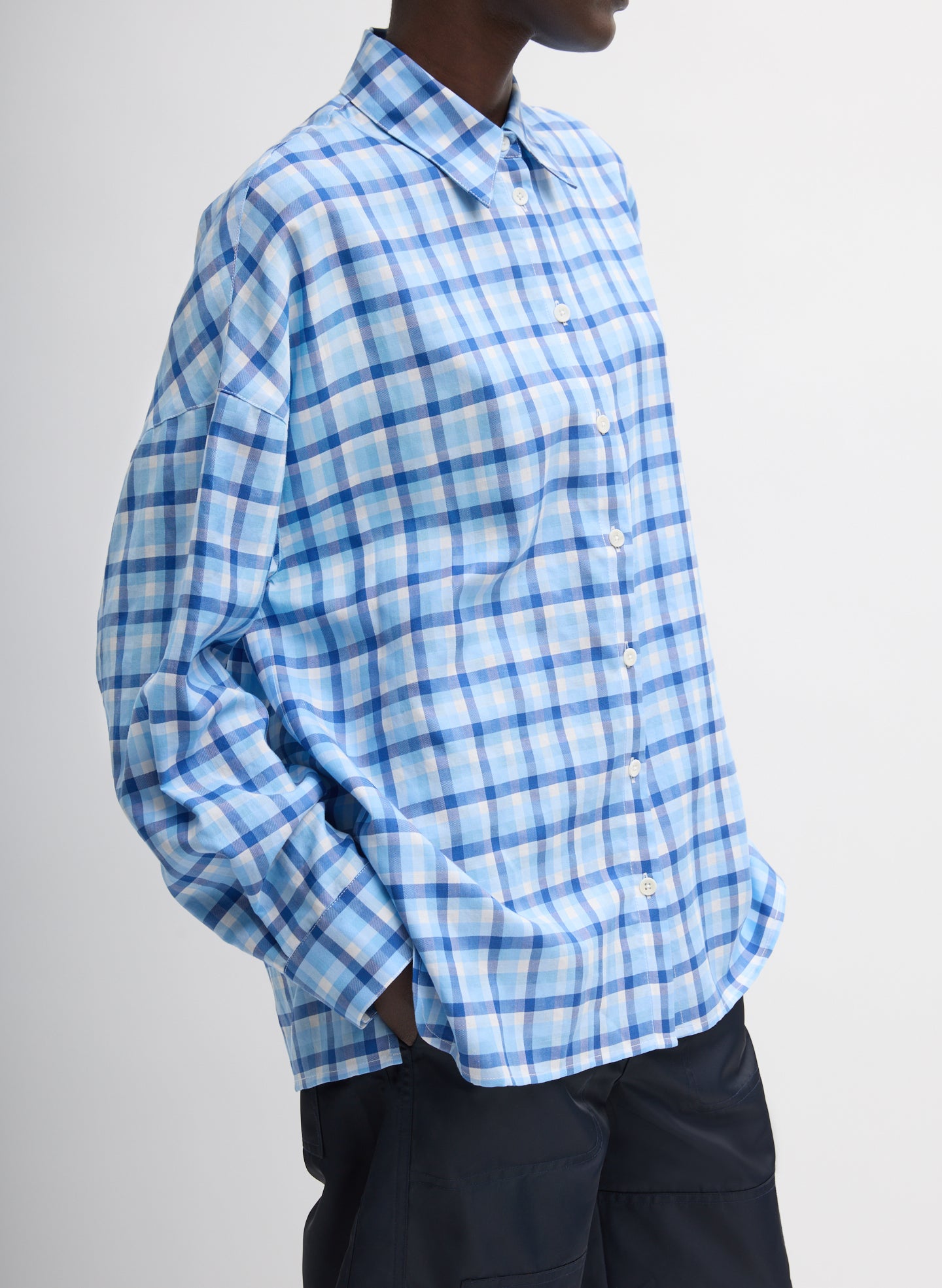 Blue Otis Check Oversized Shirt - button down, side view on model