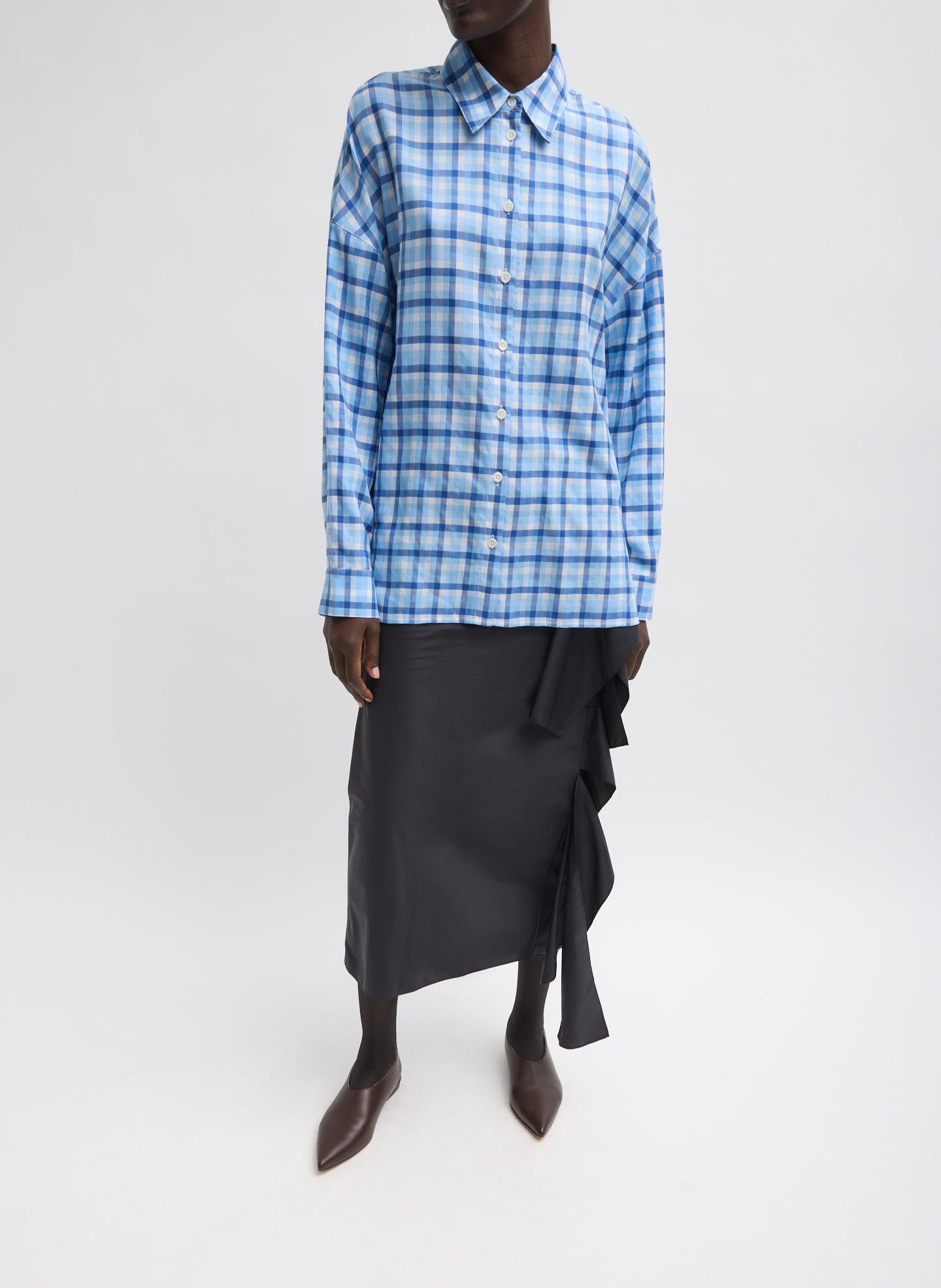 Blue Otis Check Oversized Shirt - full look, front view on model