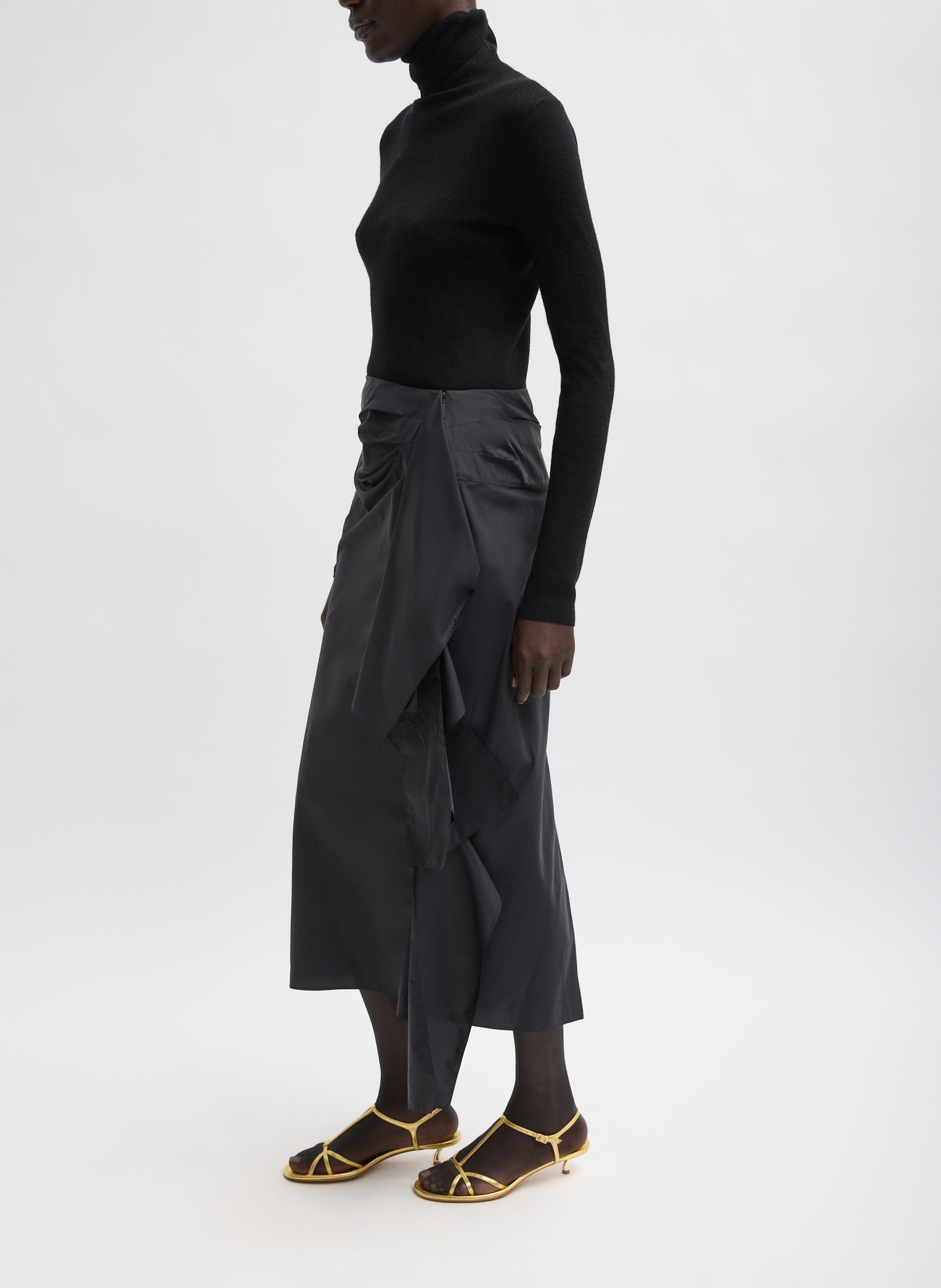 Black Italian Sporty Nylon Ribbon Skirt - full look, side view on model