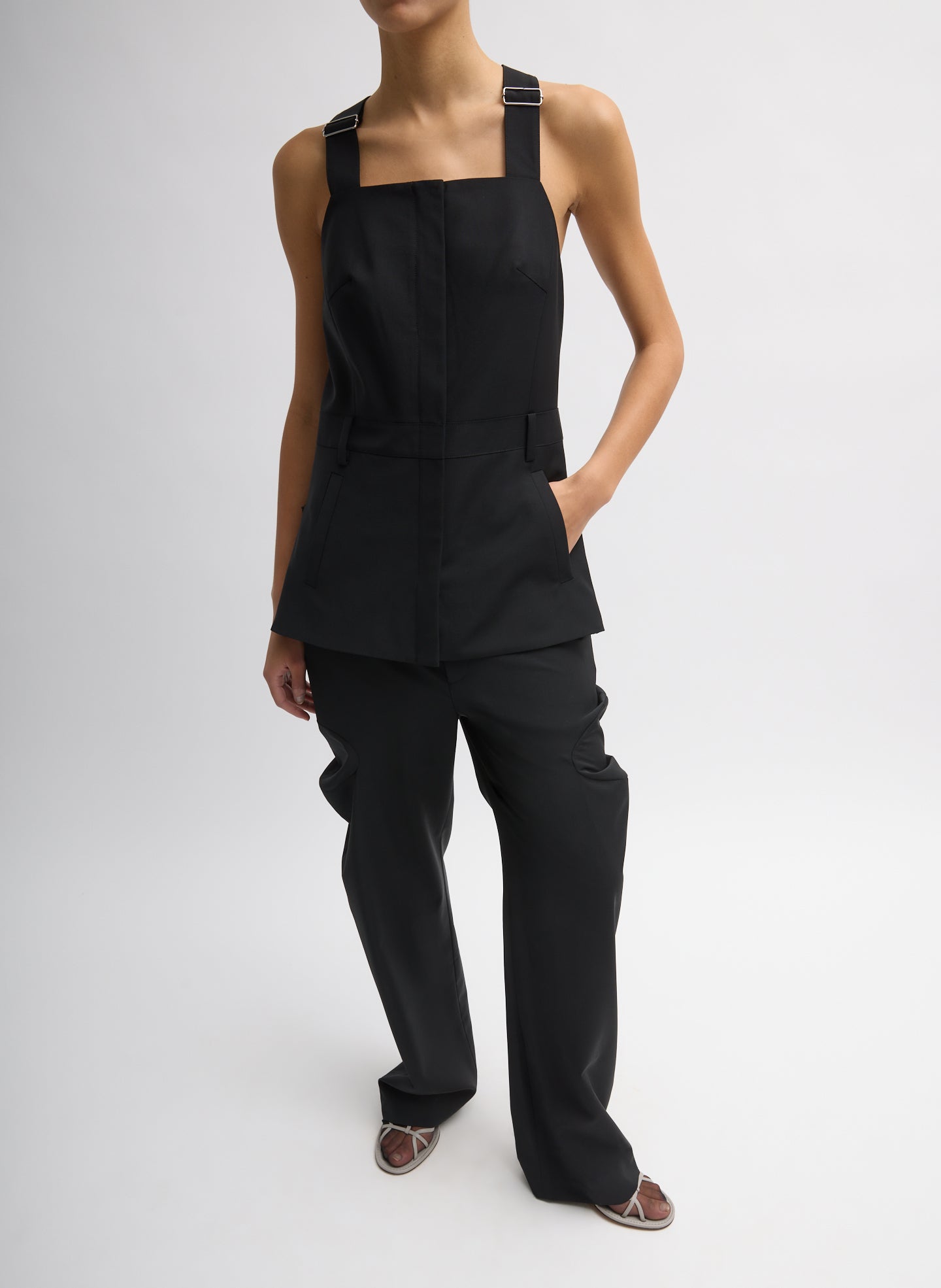 Black Recycled Tropical Wool Overall Top - full look, front view on model