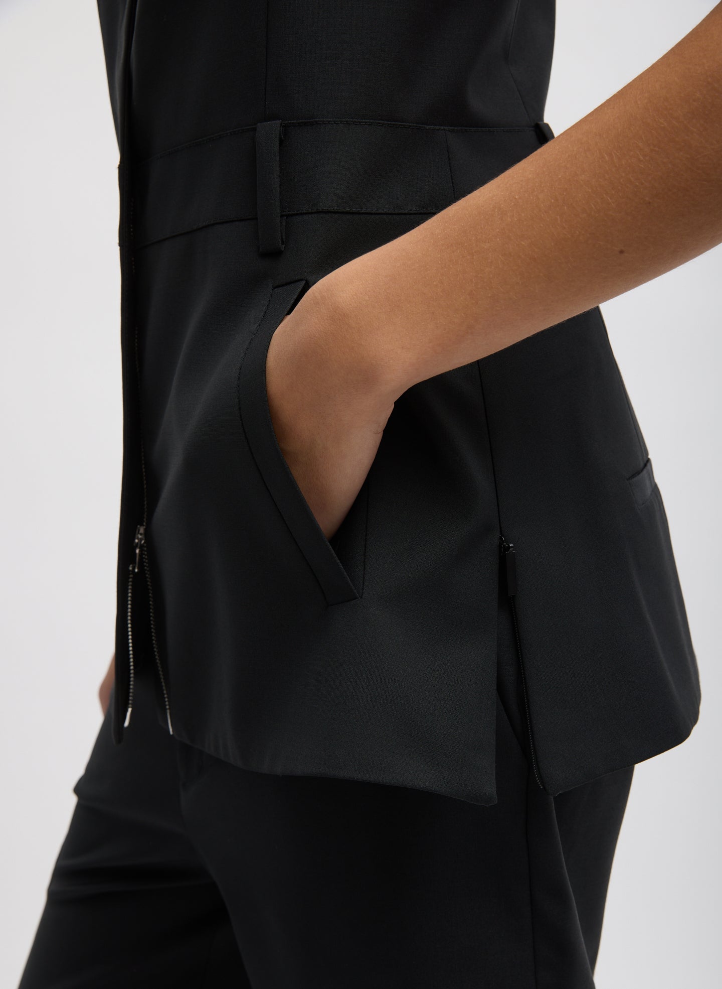Black Recycled Tropical Wool Overall Top - closeup of front side pocket detail
