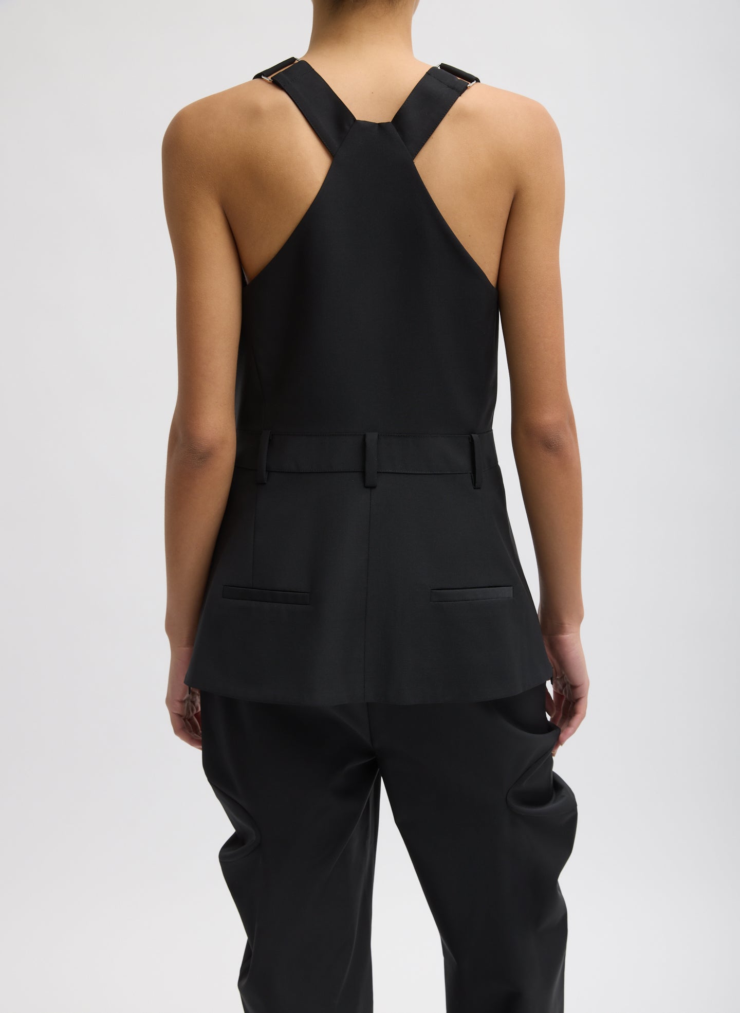 Black Recycled Tropical Wool Overall Top - back view on model