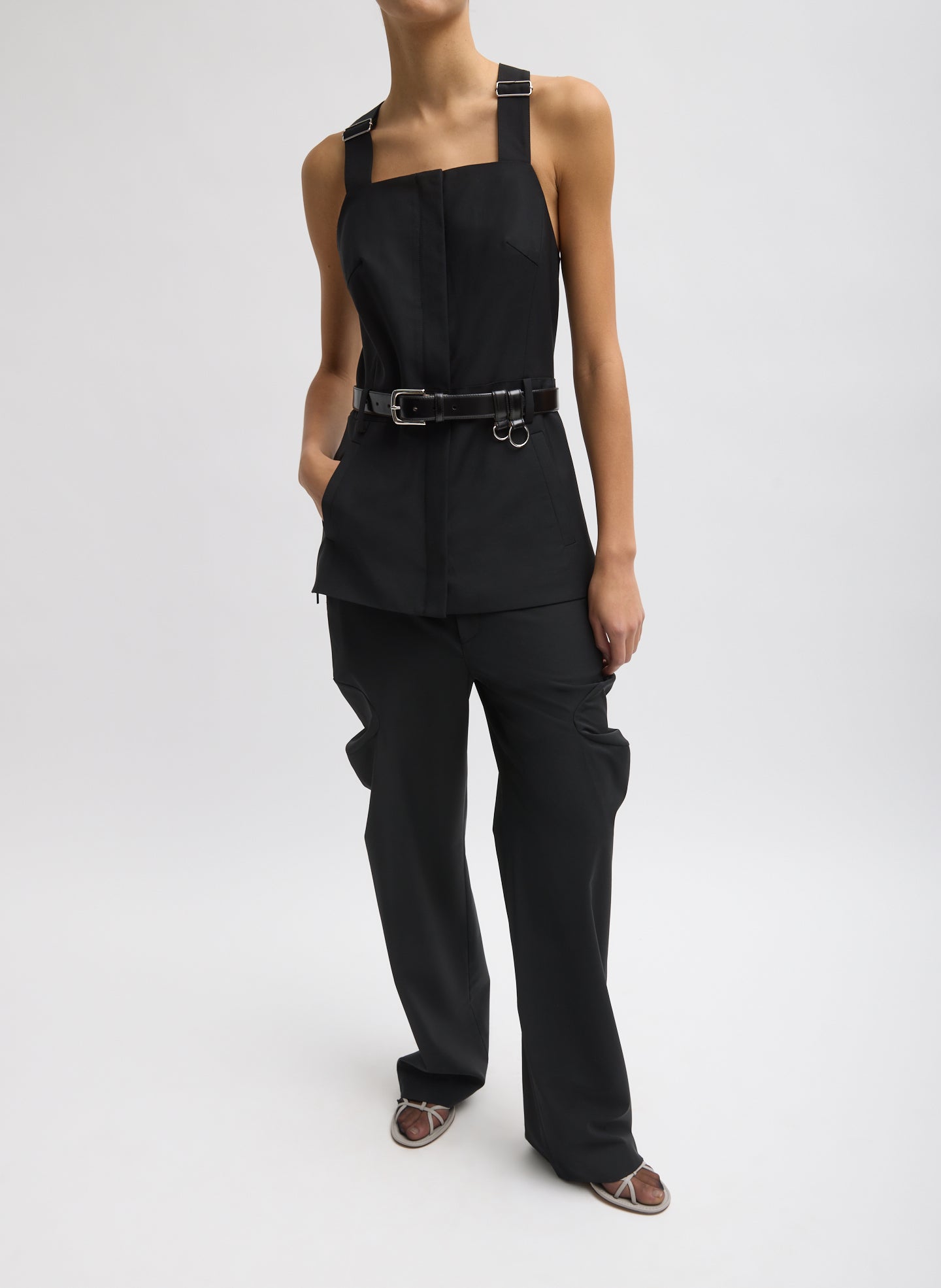 Black Recycled Tropical Wool Overall Top - full look belted, front view on model