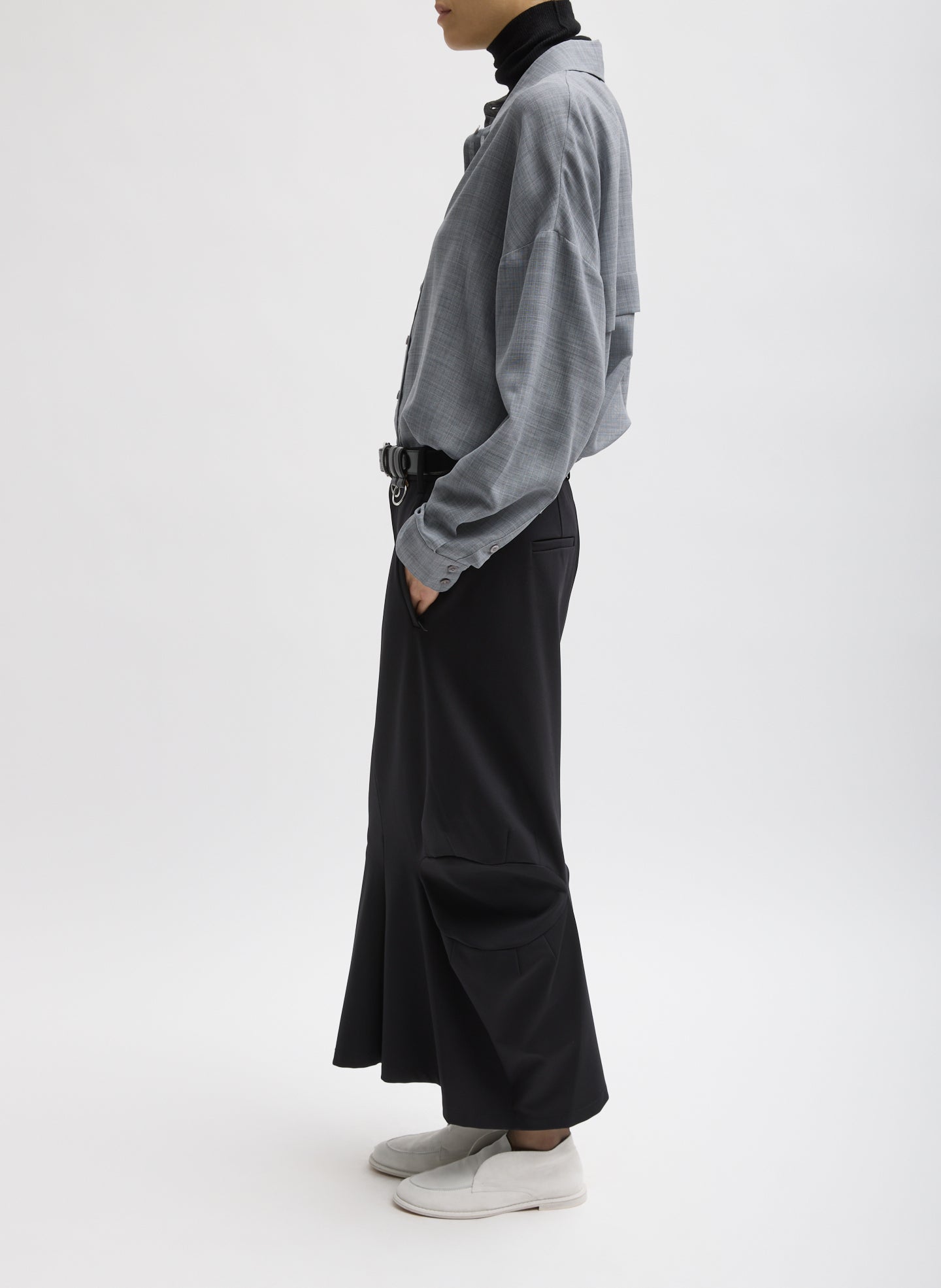 Black Compact Ultra Stretch Knit Sculpted Meir Trouser Skirt - full look, side view on model