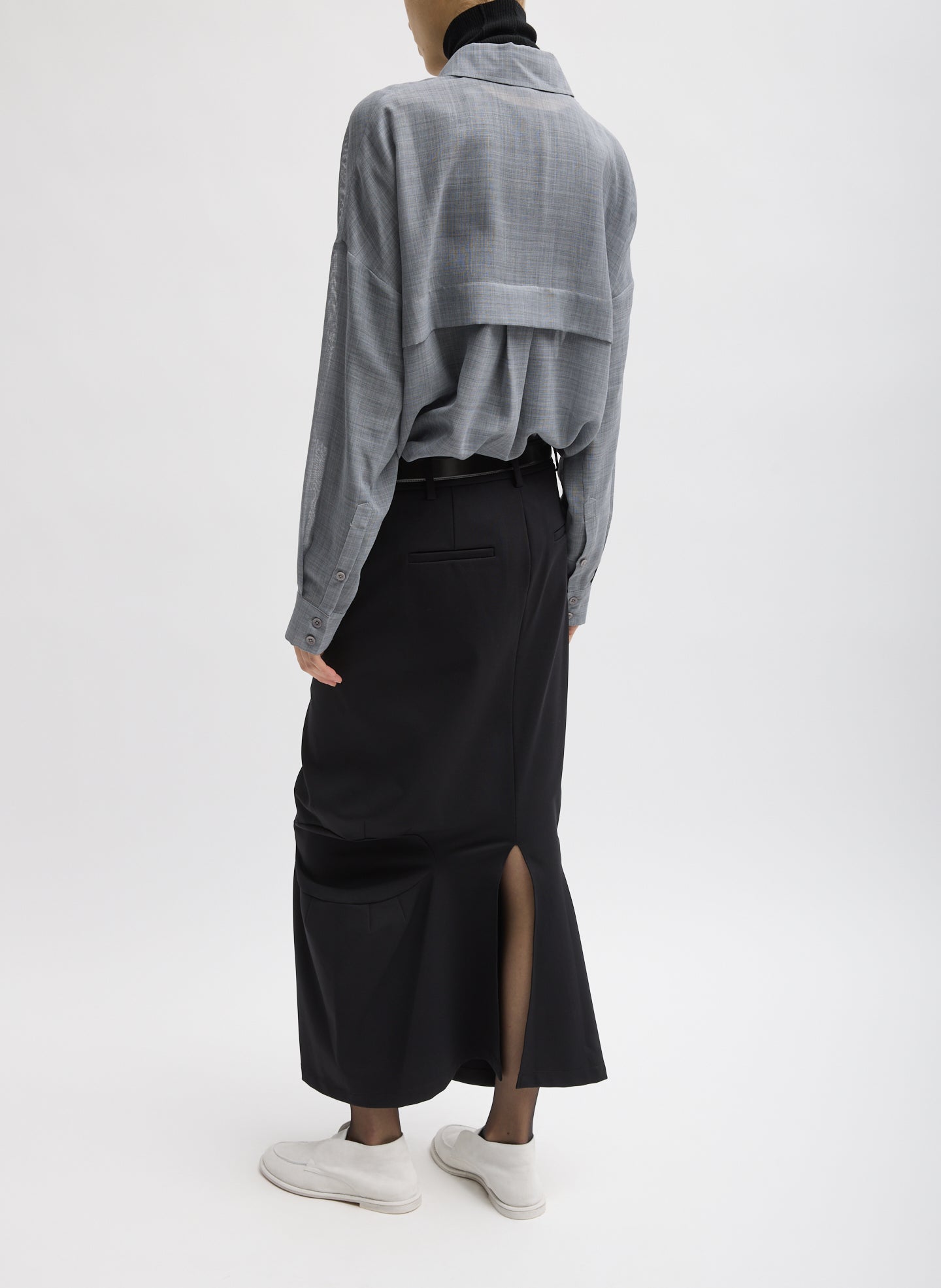 Black Compact Ultra Stretch Knit Sculpted Meir Trouser Skirt - full look, back view on model