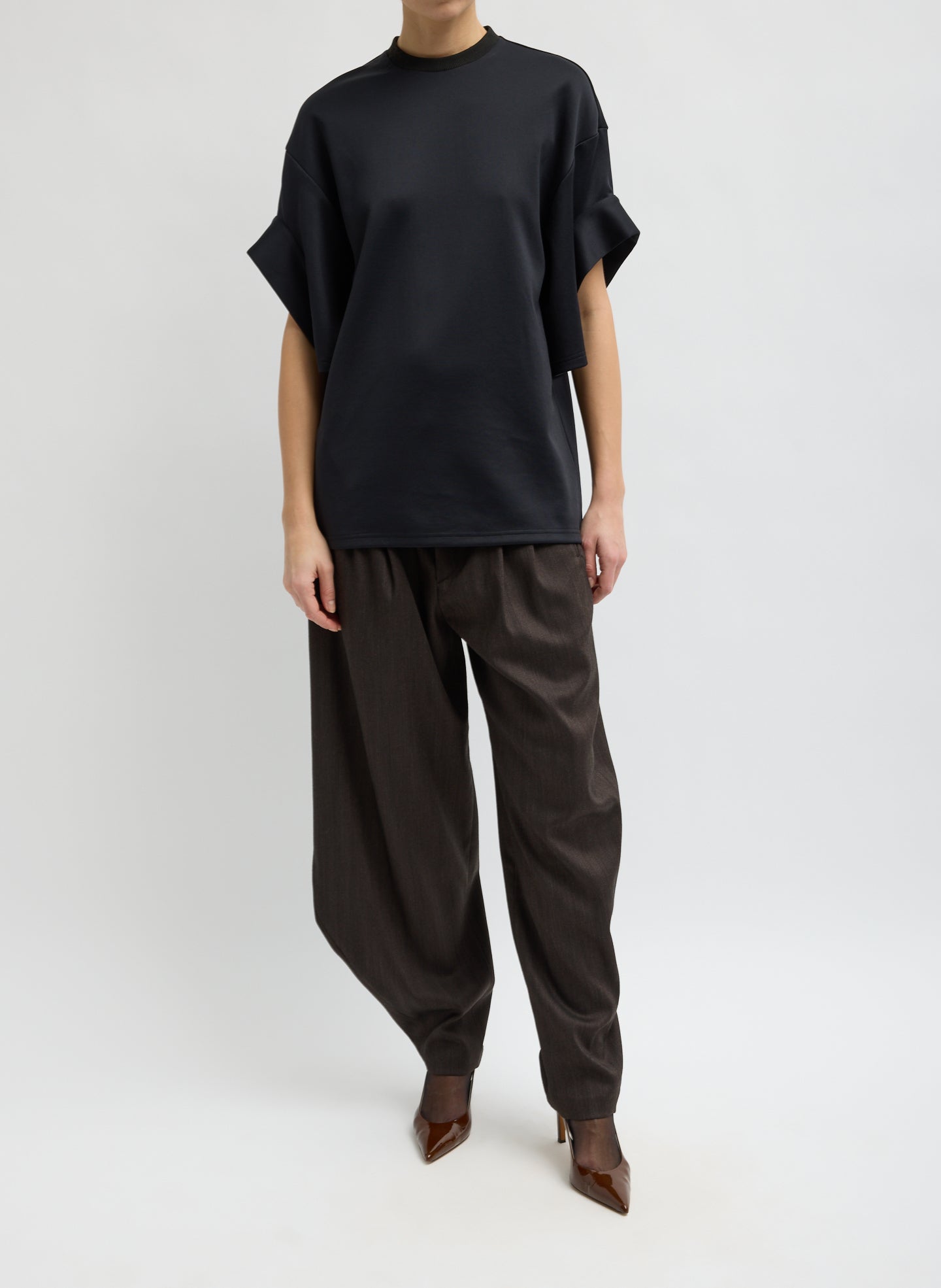 Black Active Knit Easy Drape Sleeve T-Shirt - full look, front view on model