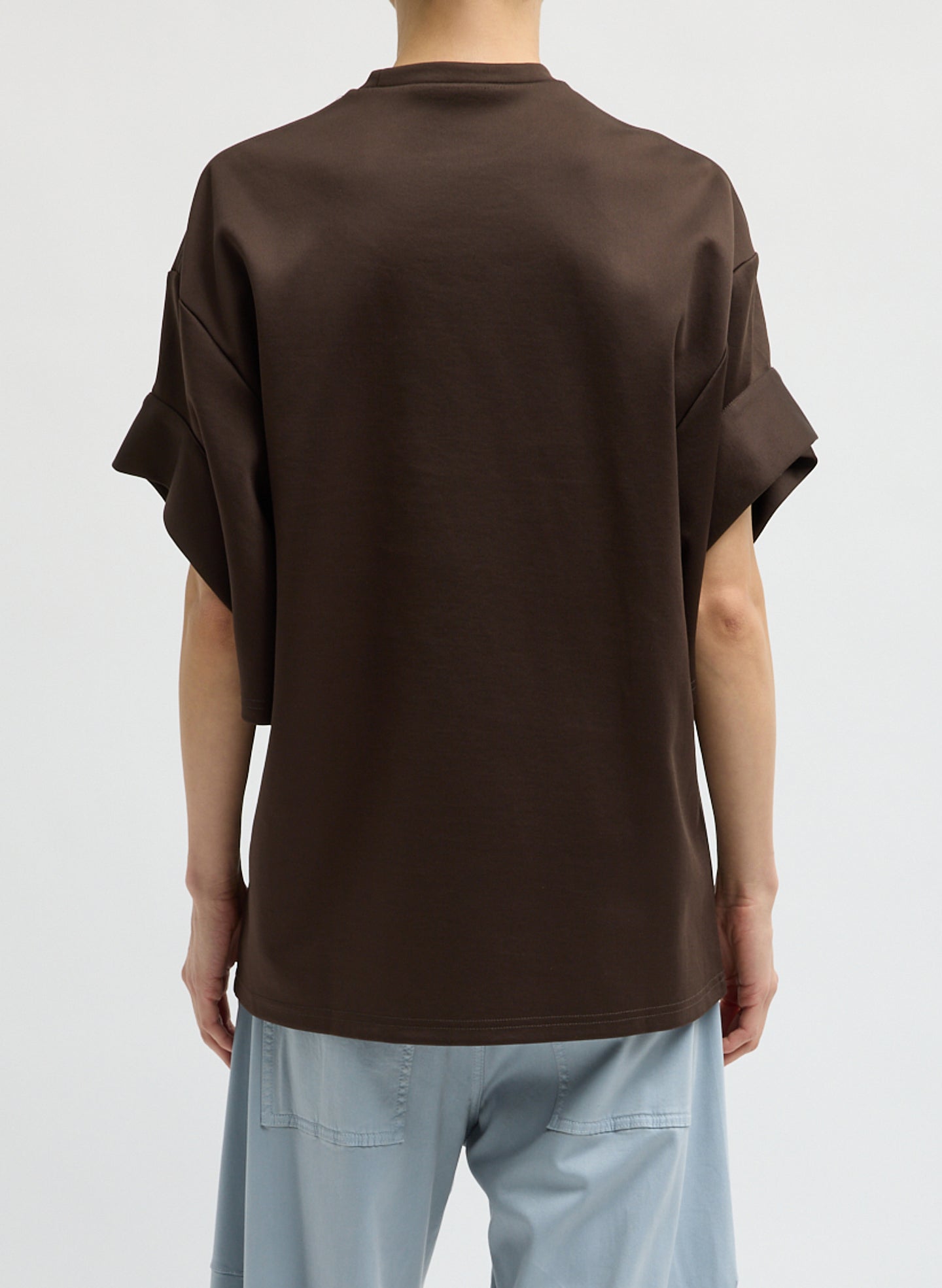 Brown Active Knit Easy Drape Sleeve T-Shirt - back view on model