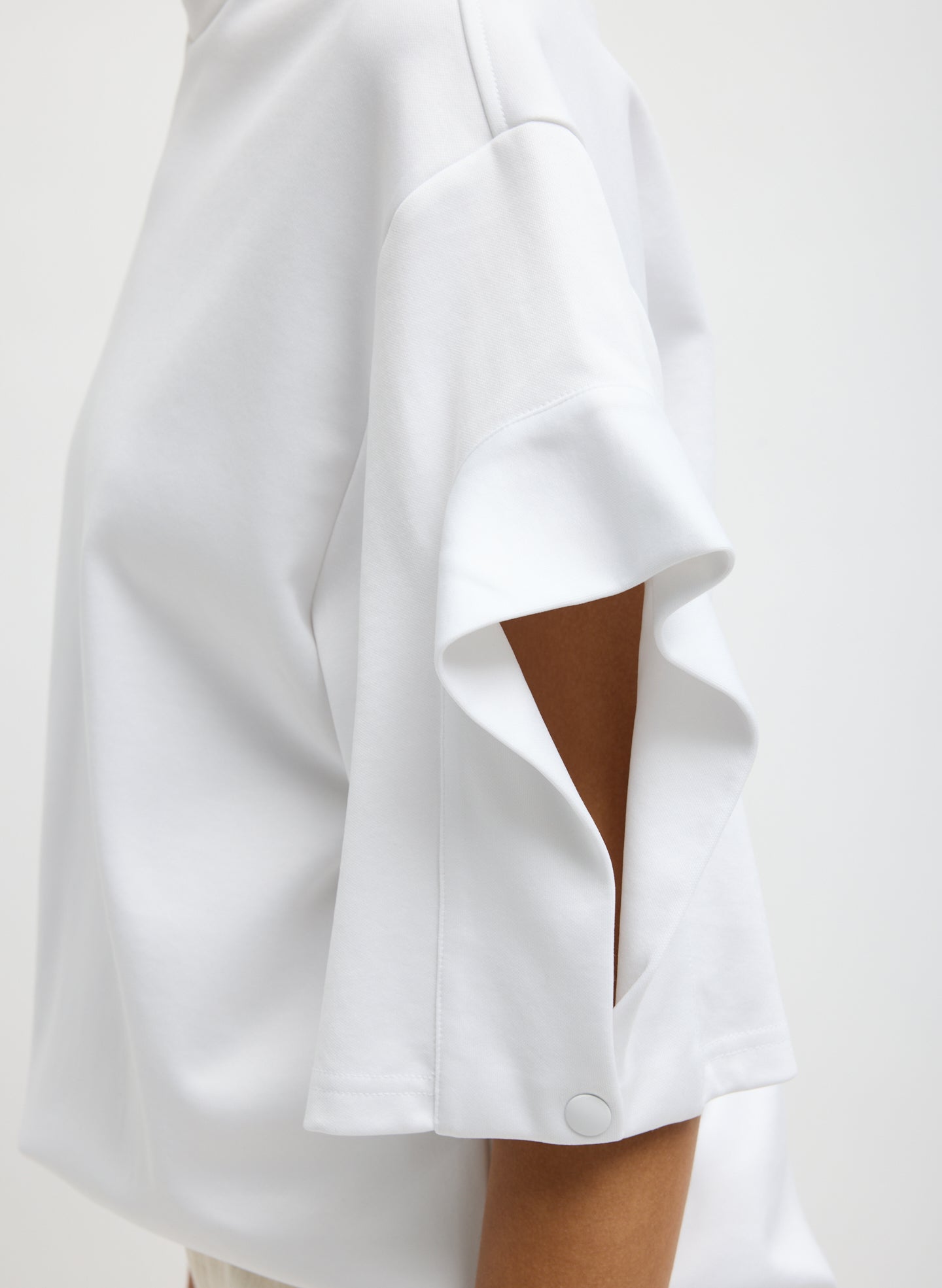 White Active Knit Easy Drape Sleeve T-Shirt - closeup of sleeve detail