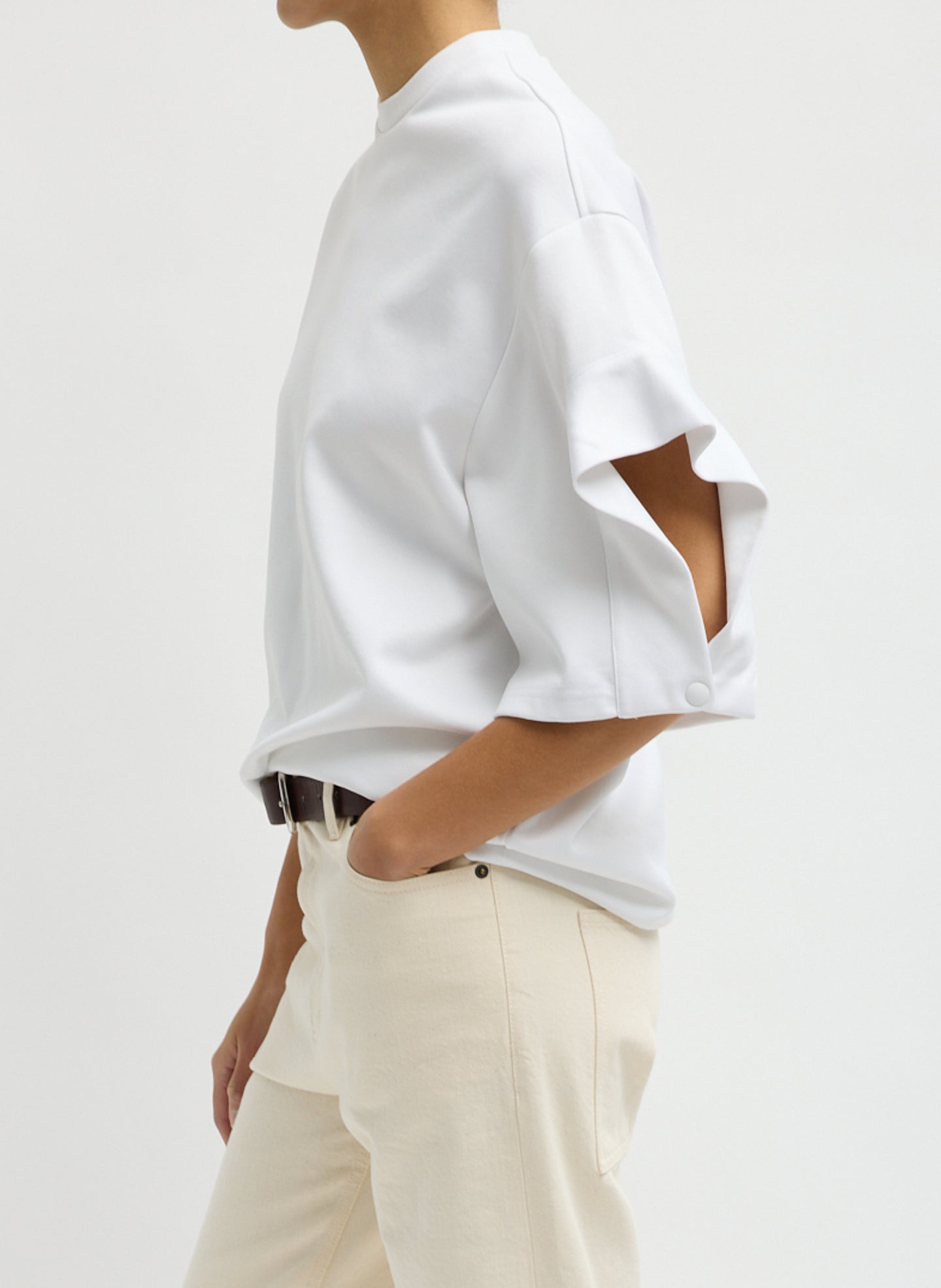 White Active Knit Easy Drape Sleeve T-Shirt - side view on model