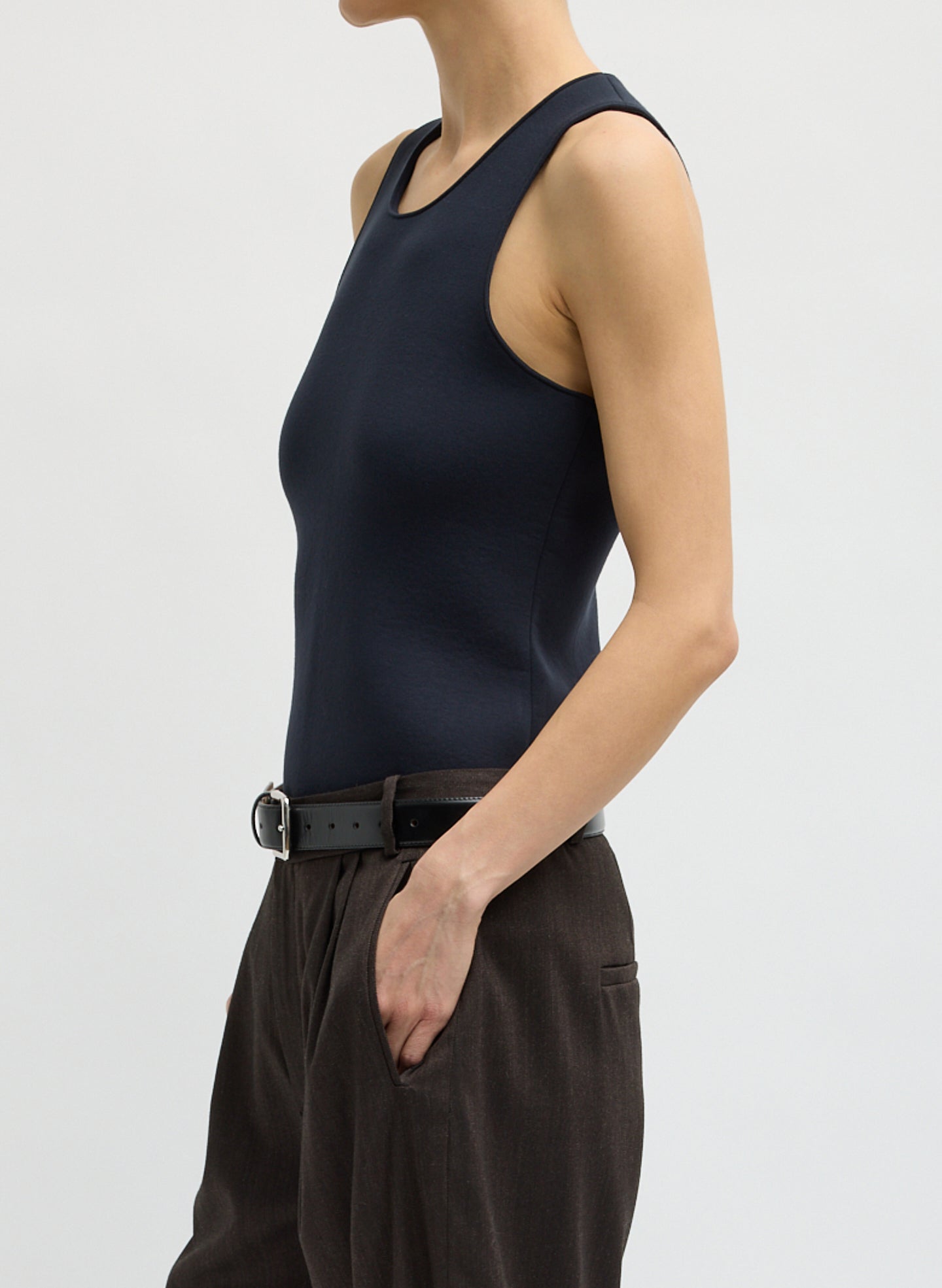 Navy Bonded Viscose Tank Top - side view on model