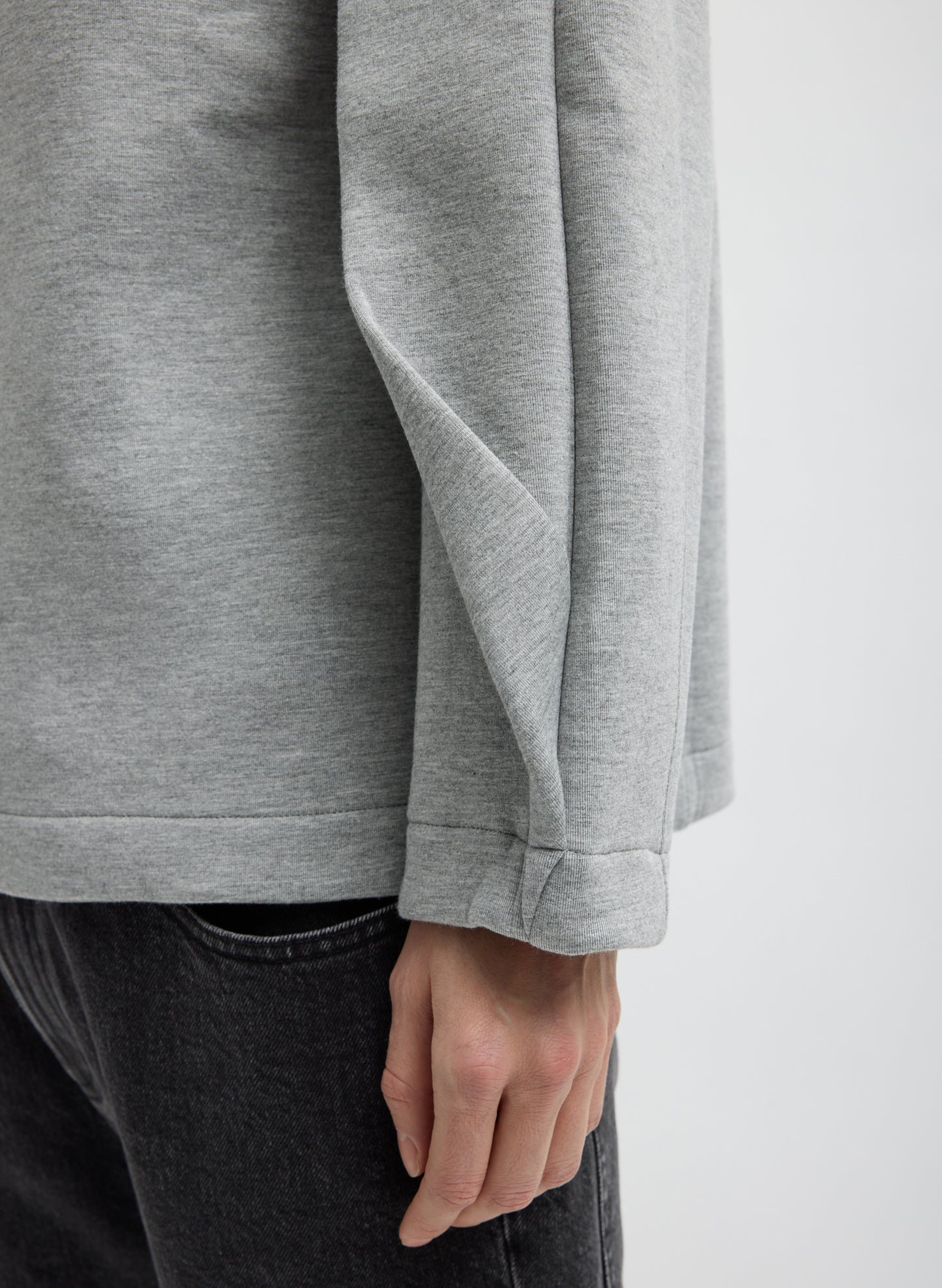 Heather Grey Bonded Viscose Crew Neck with Folded Panel - closeup of sleeve detail