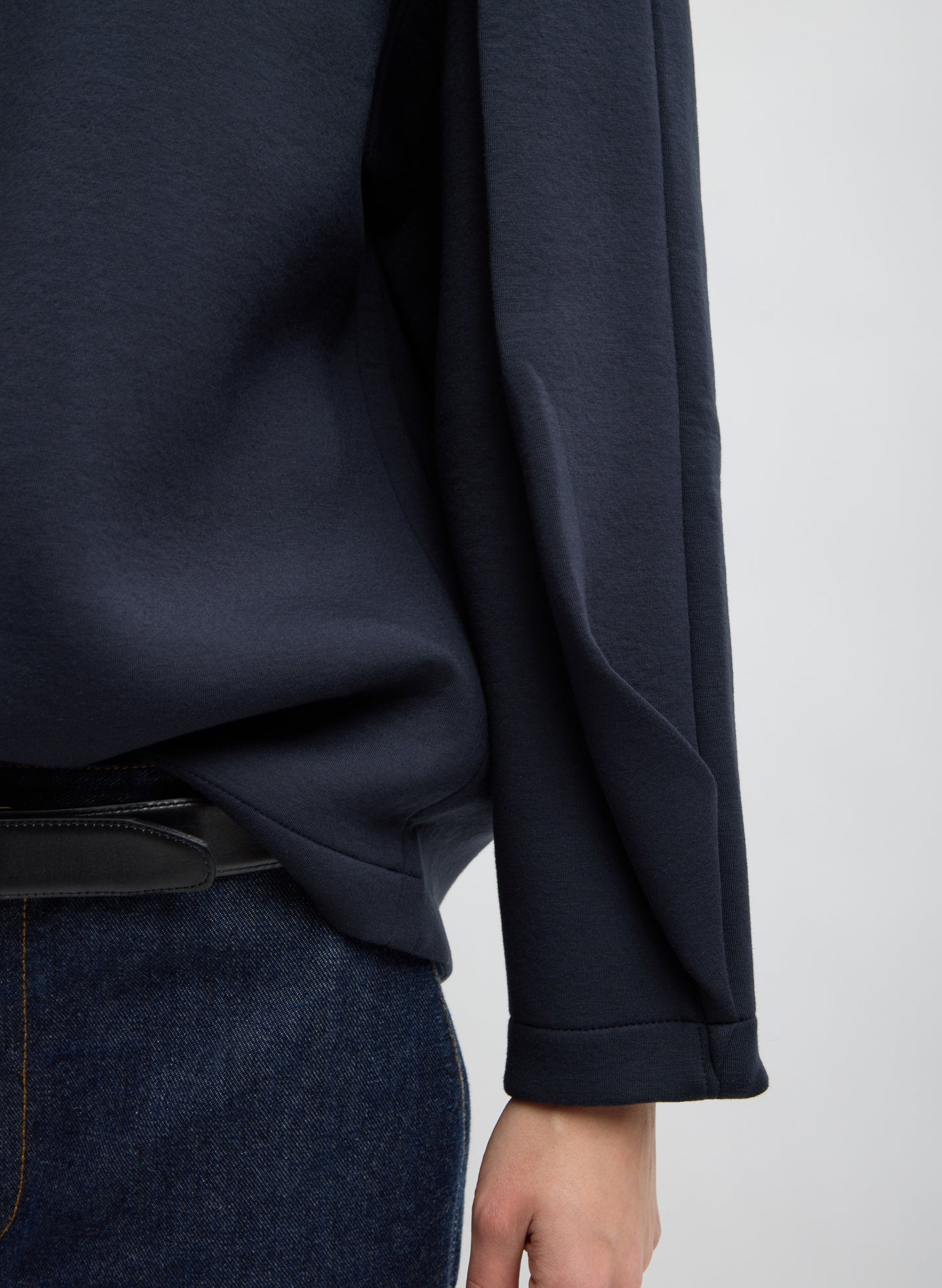 Navy Bonded Viscose Crew Neck with Folded Panel - closeup of sleeve detail