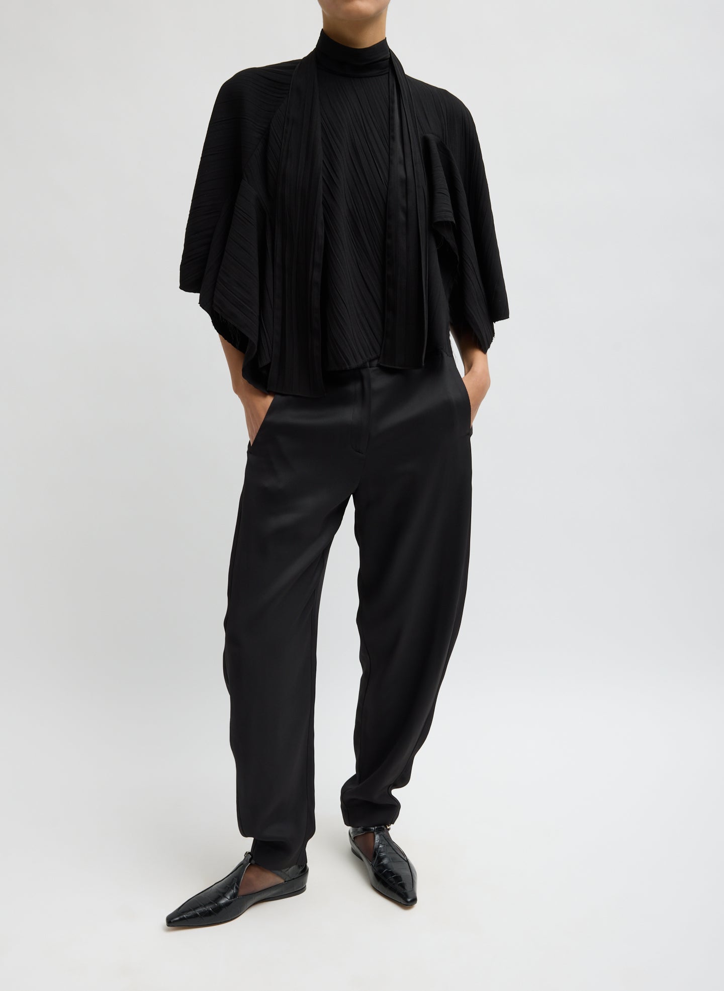 Black Creased Acetate Cape Tie Top - front view on model