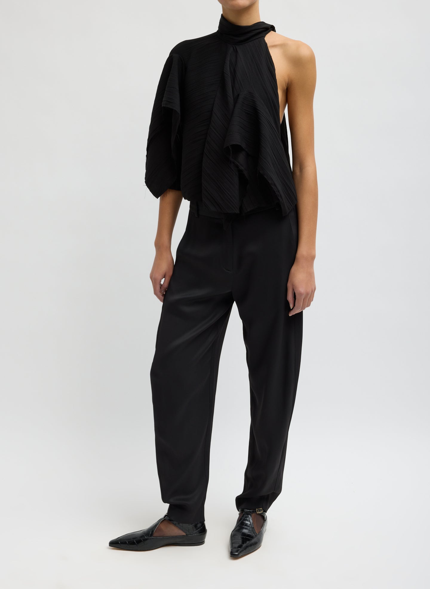 Black Creased Acetate Cape Tie Top - front view on model