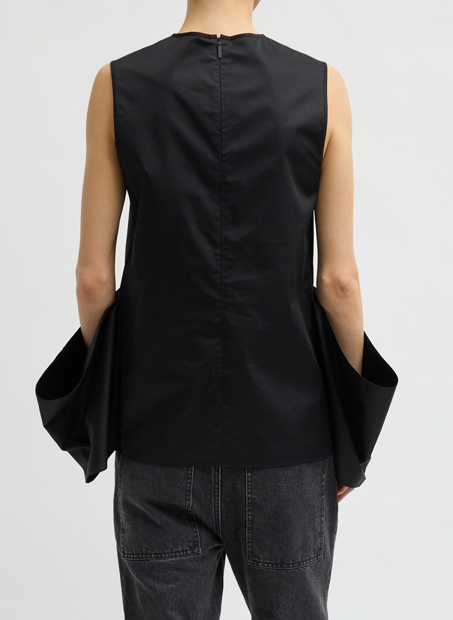 Black Eco Poplin Side Drape Top - sleeveless top, back view on model