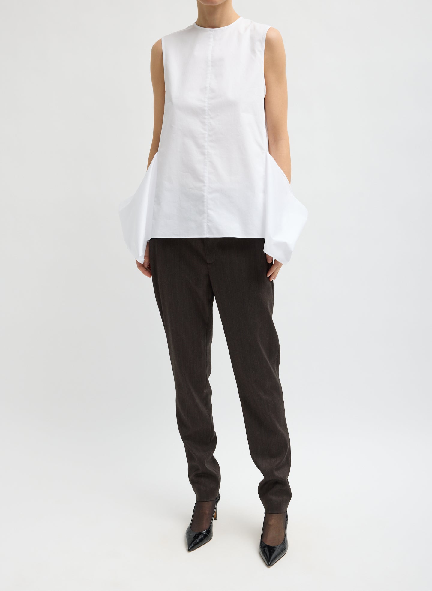 White Eco Poplin Side Drape Top - full look, front view on model