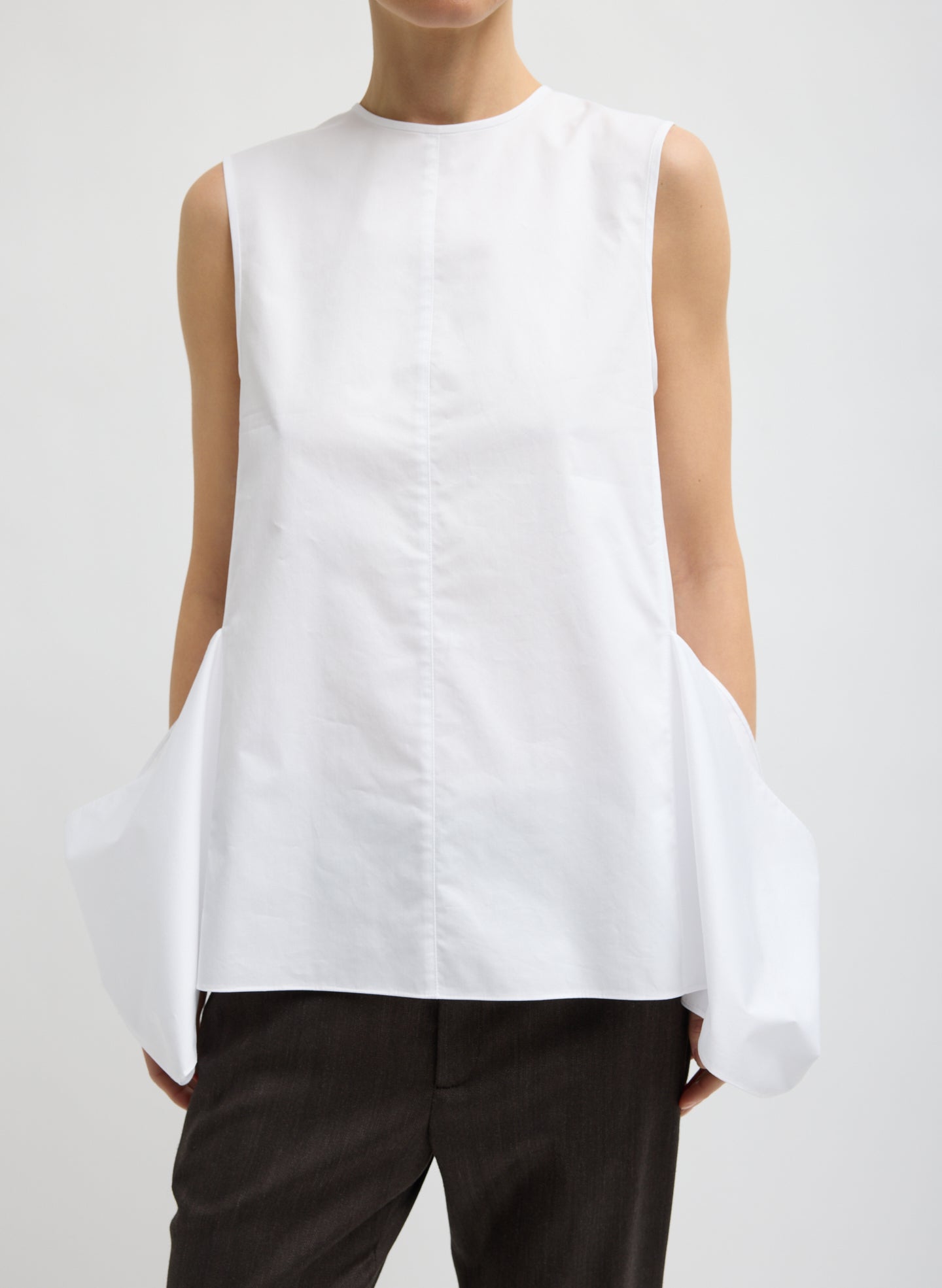 White Eco Poplin Side Drape Top - sleeveless top, front view on model