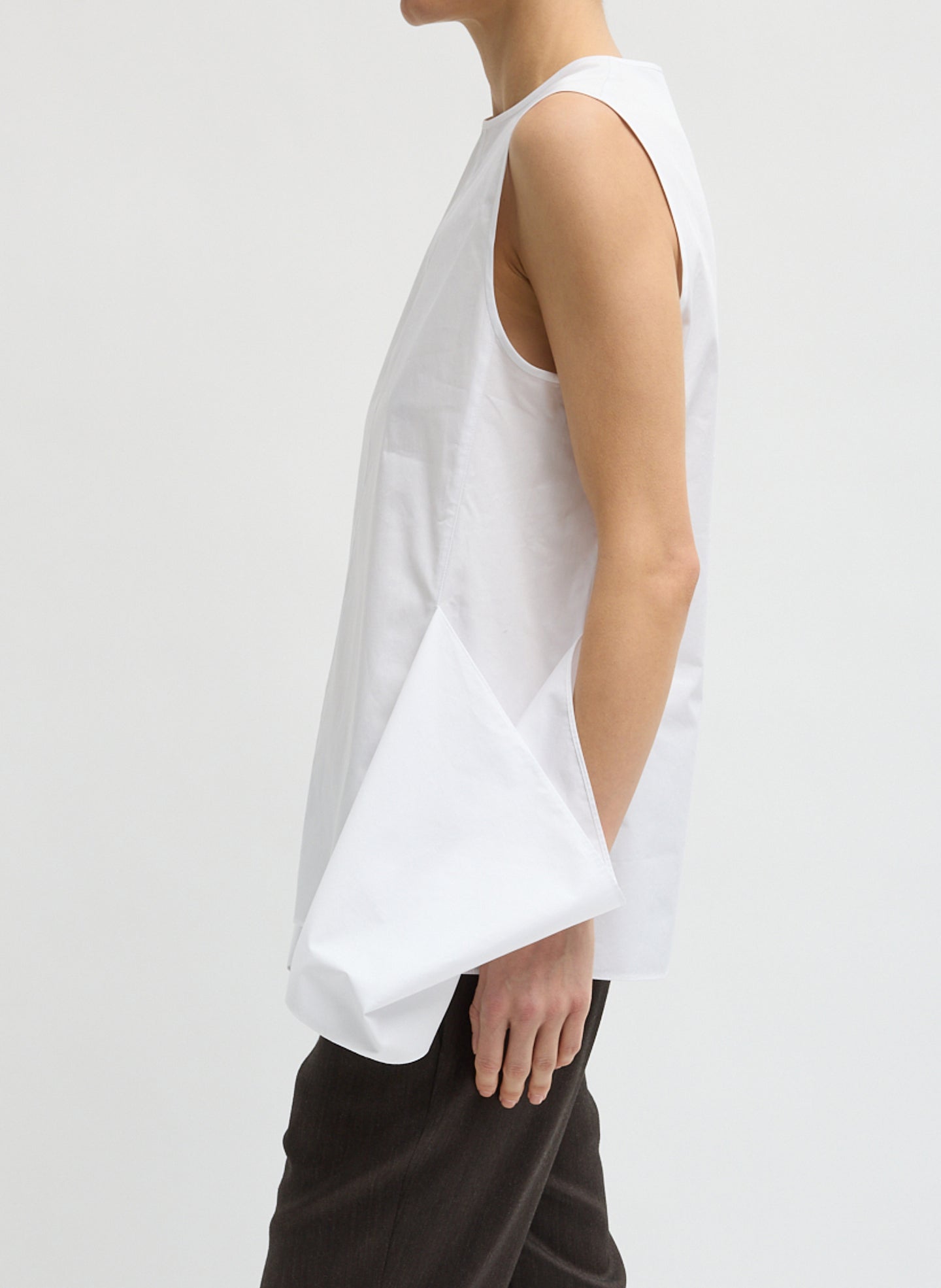 White Eco Poplin Side Drape Top - sleeveless top, side view on model