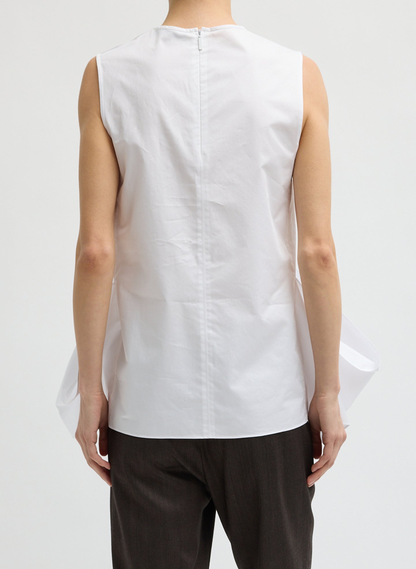 White Eco Poplin Side Drape Top - sleeveless top, back view on model
