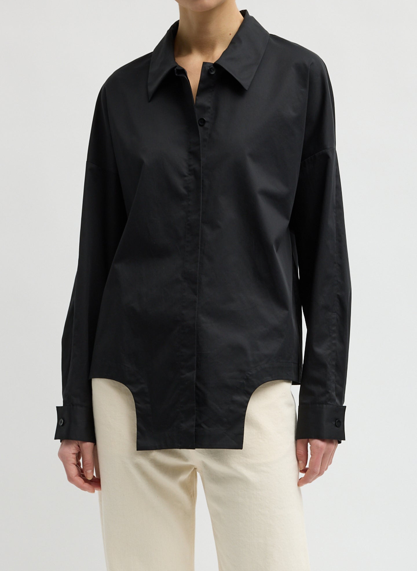 Black Eco Poplin Easy Shirt with Flap Detail - button down shirt, front view on model