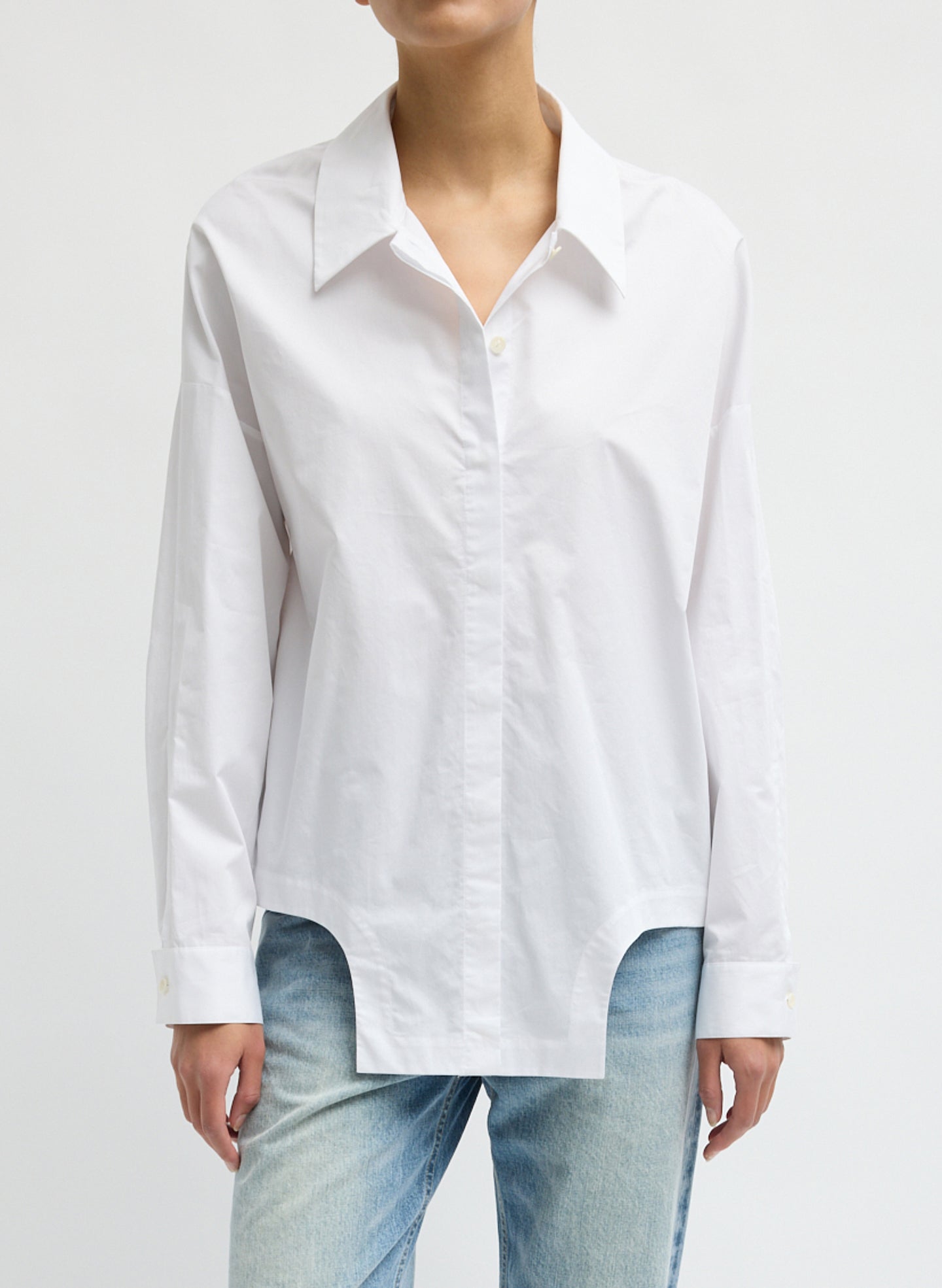 White Eco Poplin Easy Shirt with Flap Detail - button down shirt, front view on model