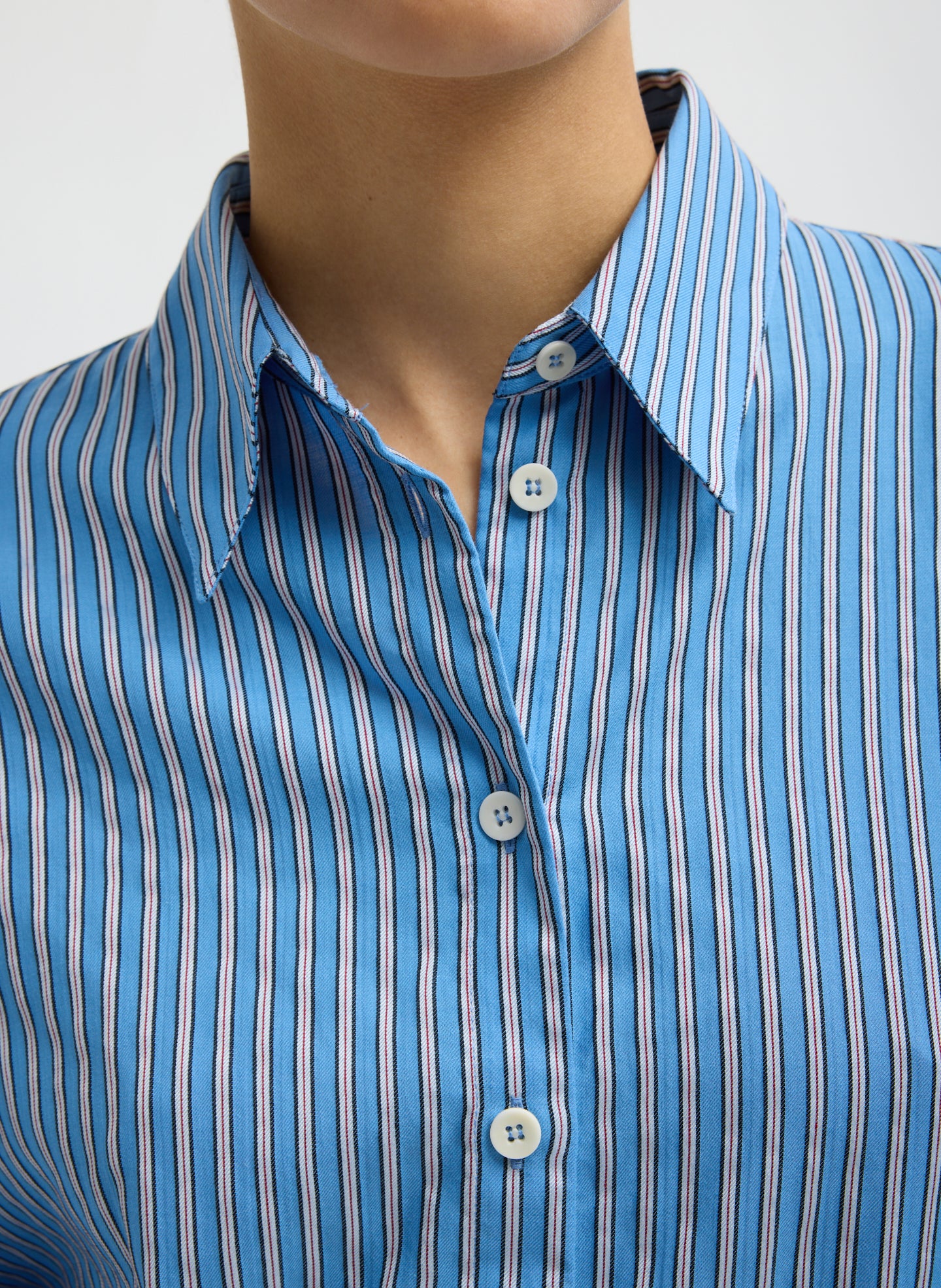 Blue Edmund Lyocell Stripe Oversized Shirt - closeup of collar detail